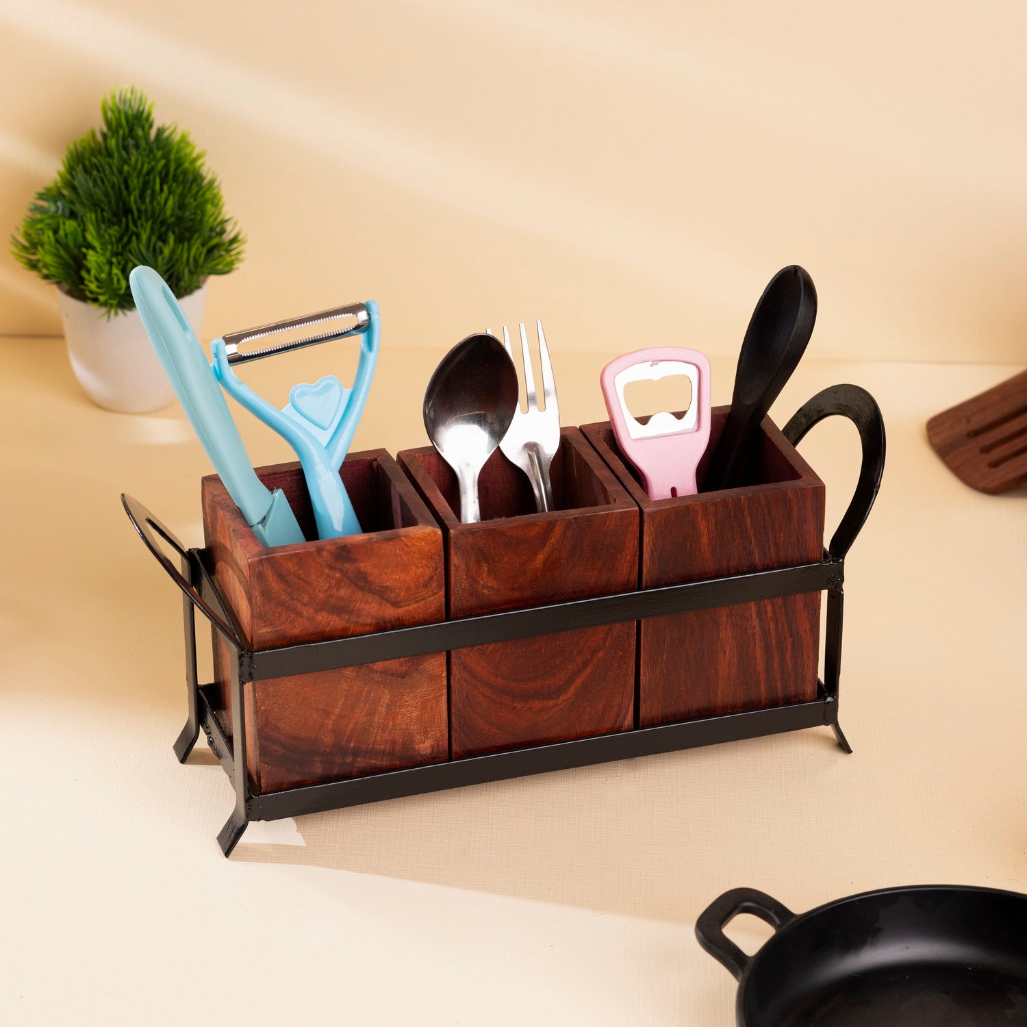 Premium Sheesham Wood Cutlery Holder with 3 Partitions & Wrought Iron Stand – 10x6 Inches