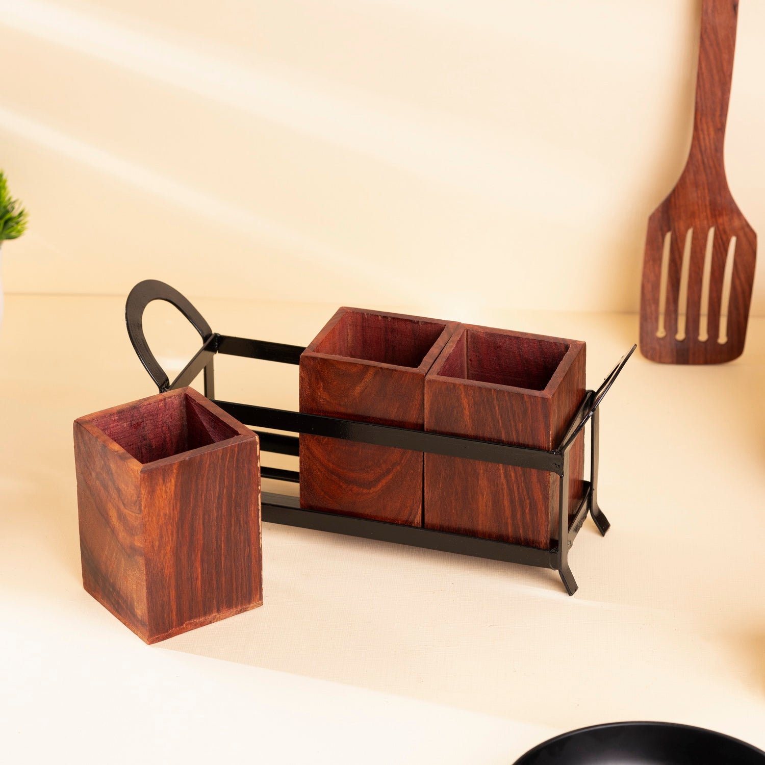 Premium Sheesham Wood Cutlery Holder with 3 Partitions & Wrought Iron Stand – 10x6 Inches