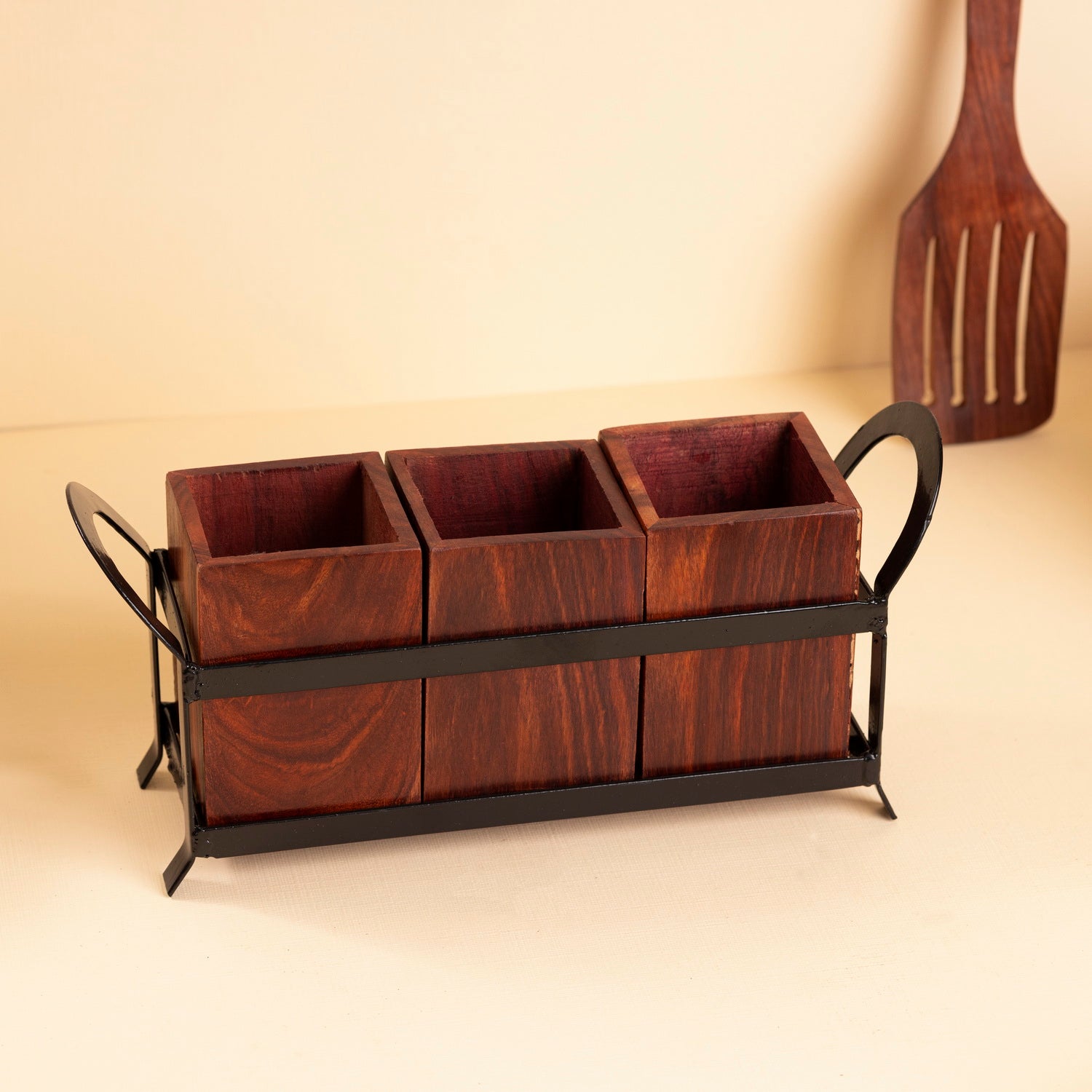 Premium Sheesham Wood Cutlery Holder with 3 Partitions & Wrought Iron Stand – 10x6 Inches