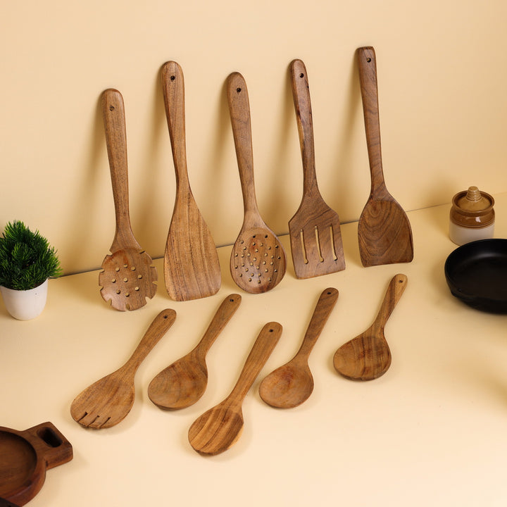 10-piece handcrafted acacia wood spatula set for kitchen cooking & serving