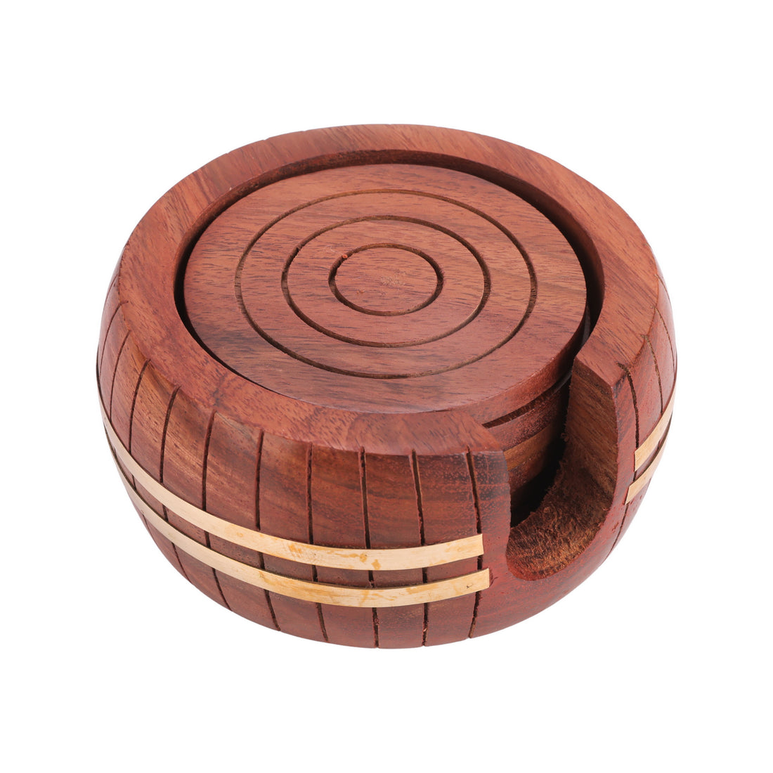 Sheesham Wood Coaster Set with Barrel-Style Holder – 6 Round Drink Coasters | Handcrafted & Water-Resistant