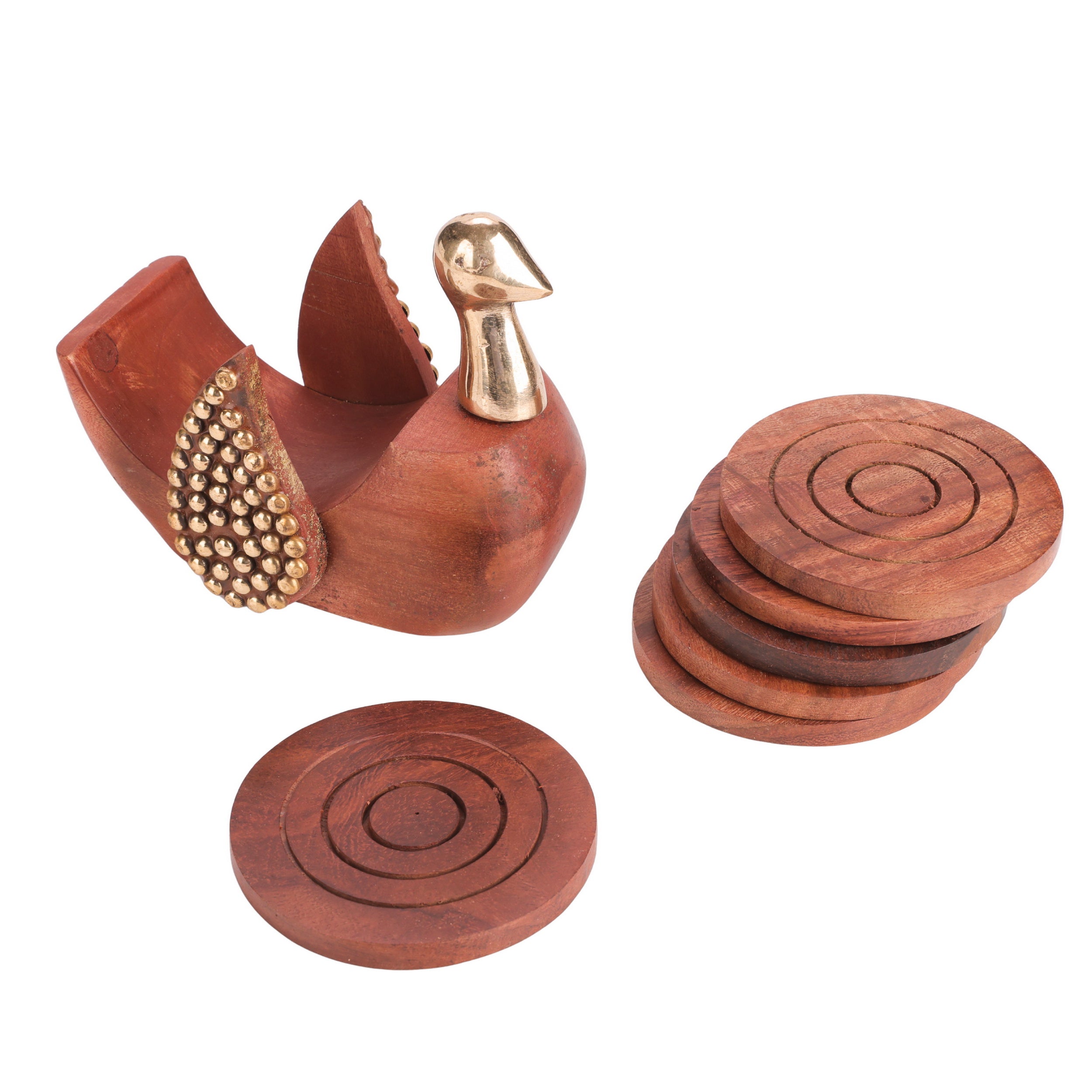 Handcrafted Wooden Duck Coaster Set – 6 Round Coasters with Holder | Natural Polish Finish