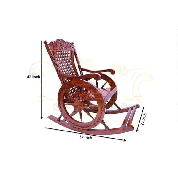 Royal Handcrafted Sheesham Wood Rocking Chair with Carved Wheel Design – Antique Gloss Finish