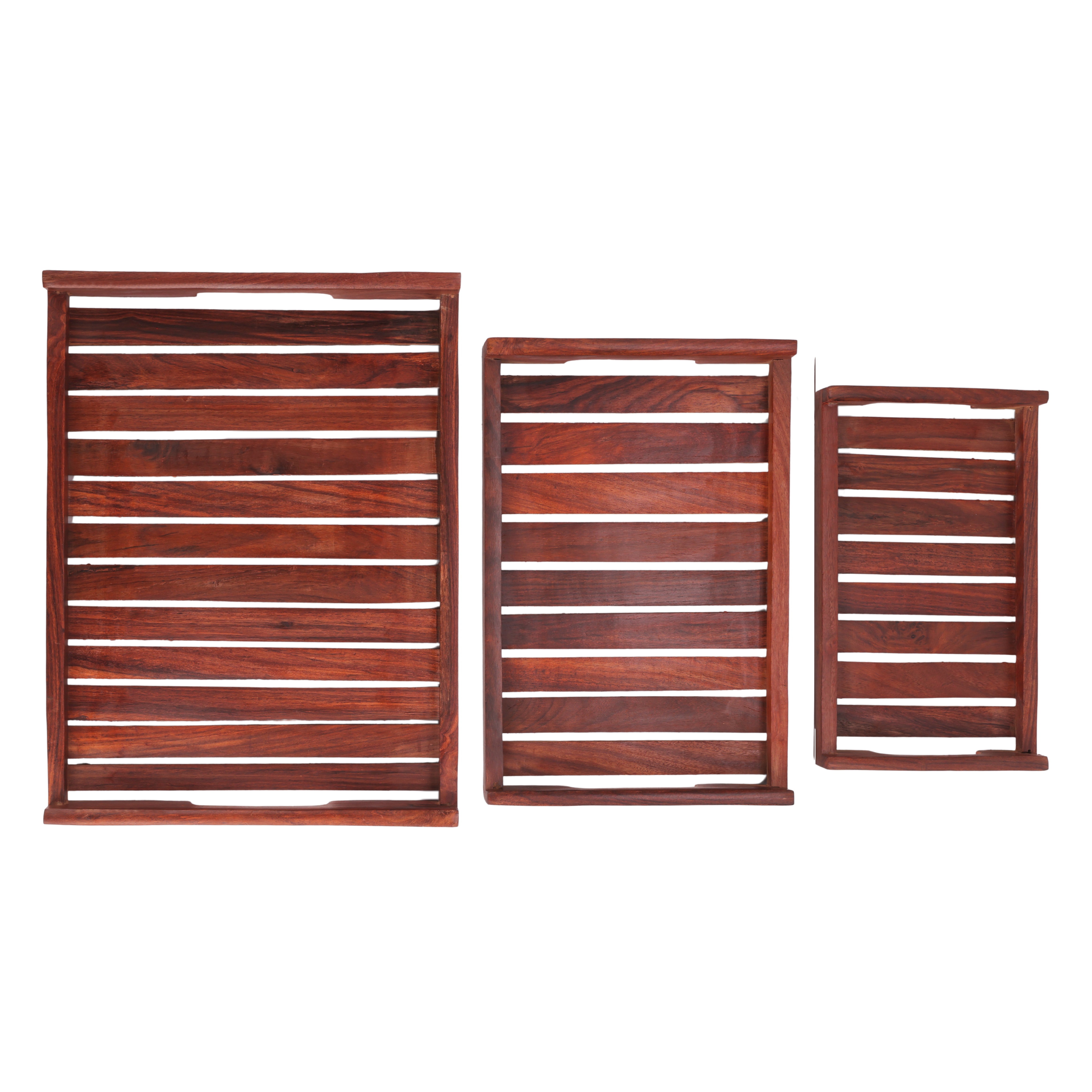 Handcrafted Sheesham Wood Tray Set of 3 | Flat Handle Serving Trays by Wood and Whisk