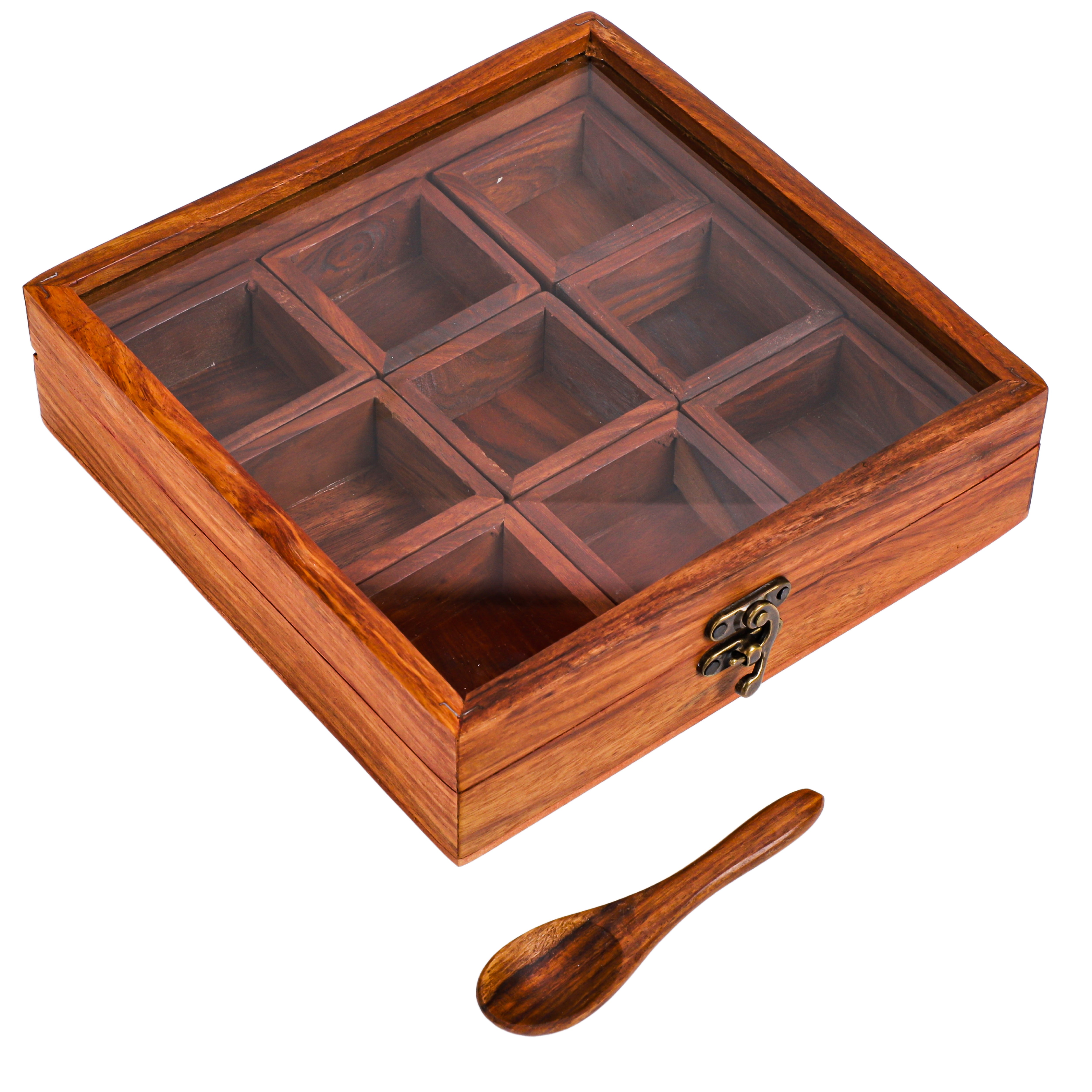 Sheesham Wood Spice Box with Containers & Spoon – 9 Partition Masala Organizer with Glass Lid