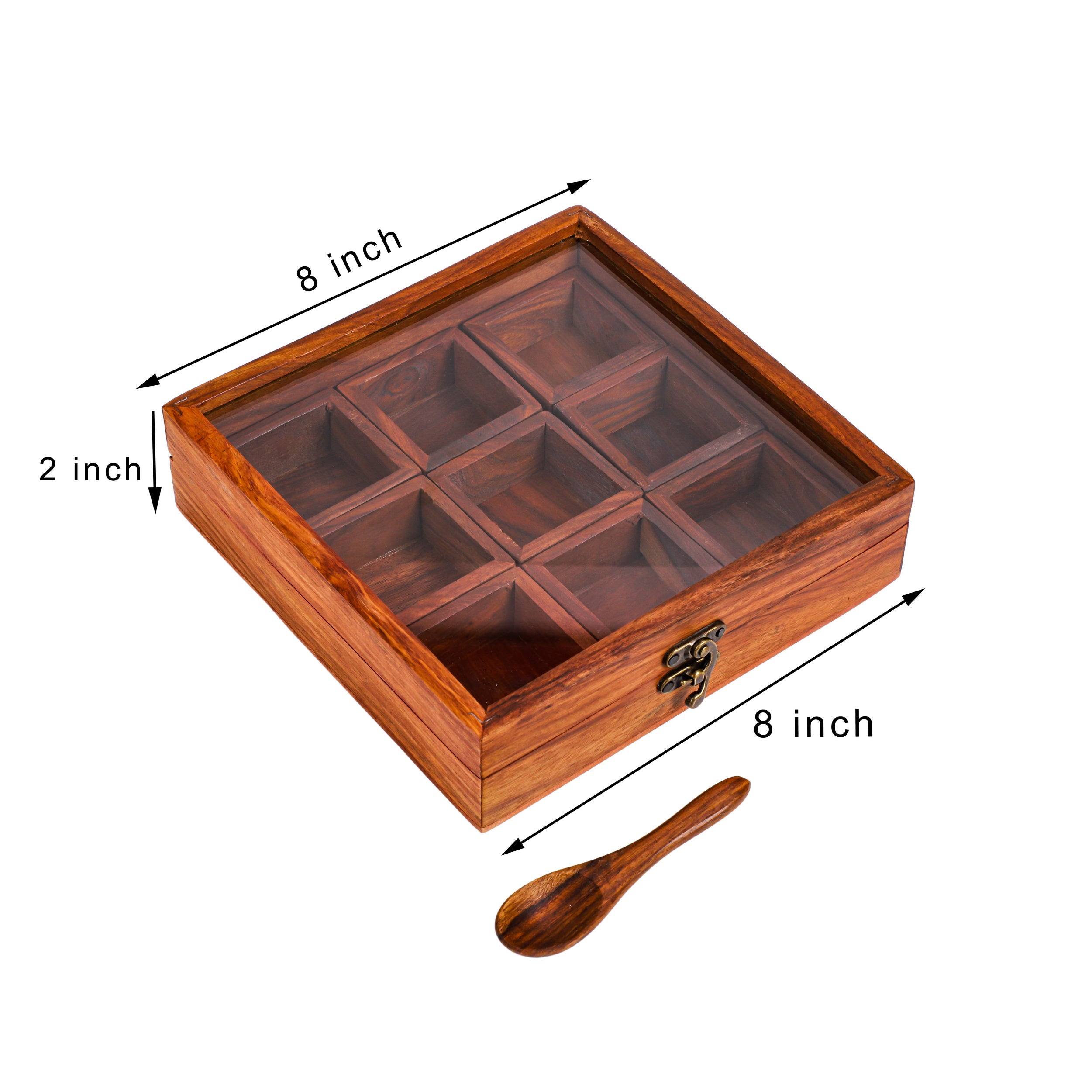 Sheesham Wood Spice Box with Containers & Spoon – 9 Partition Masala Organizer with Glass Lid