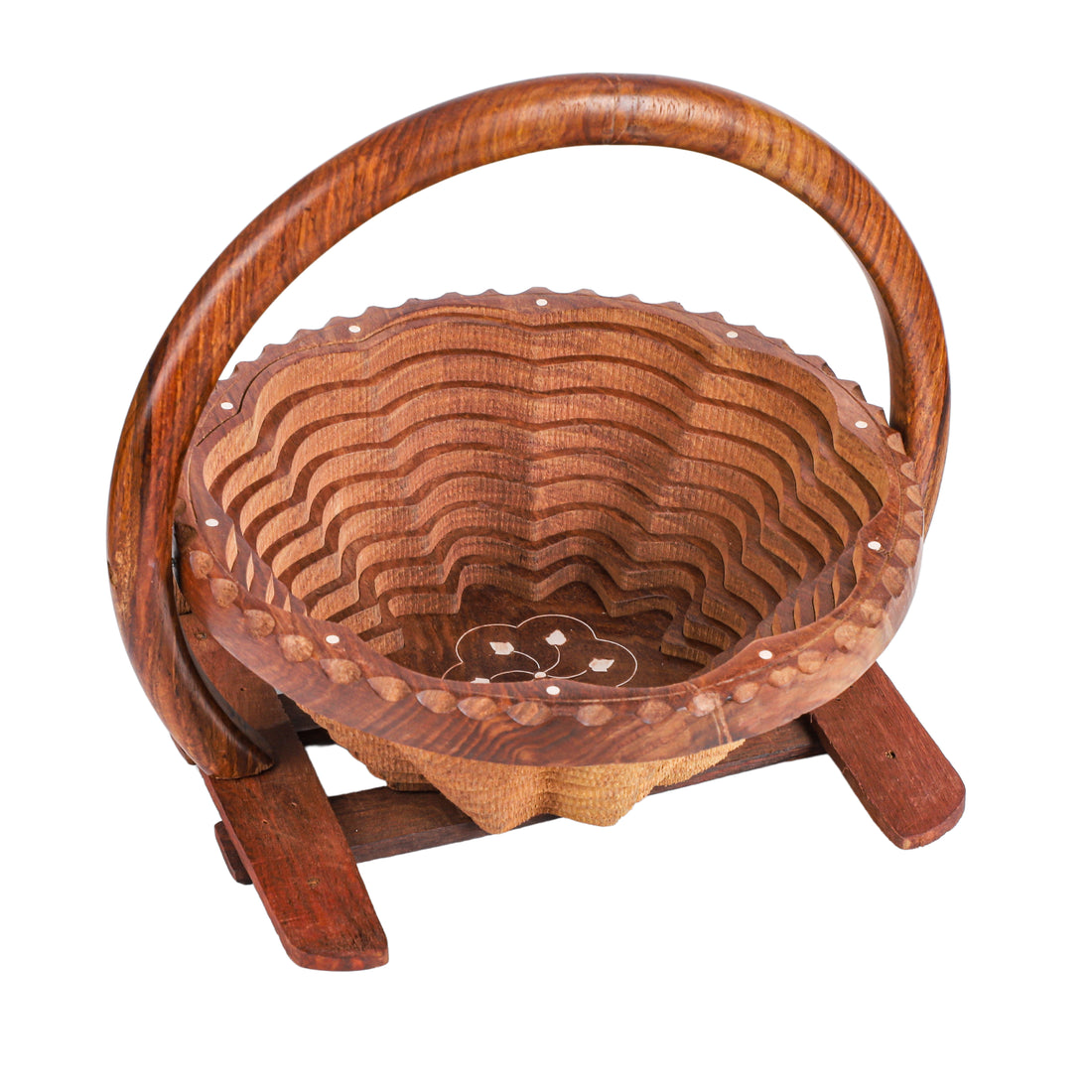 Handcrafted Sheesham Wood Foldable Fruit Basket with Handle – 12 Inch Round