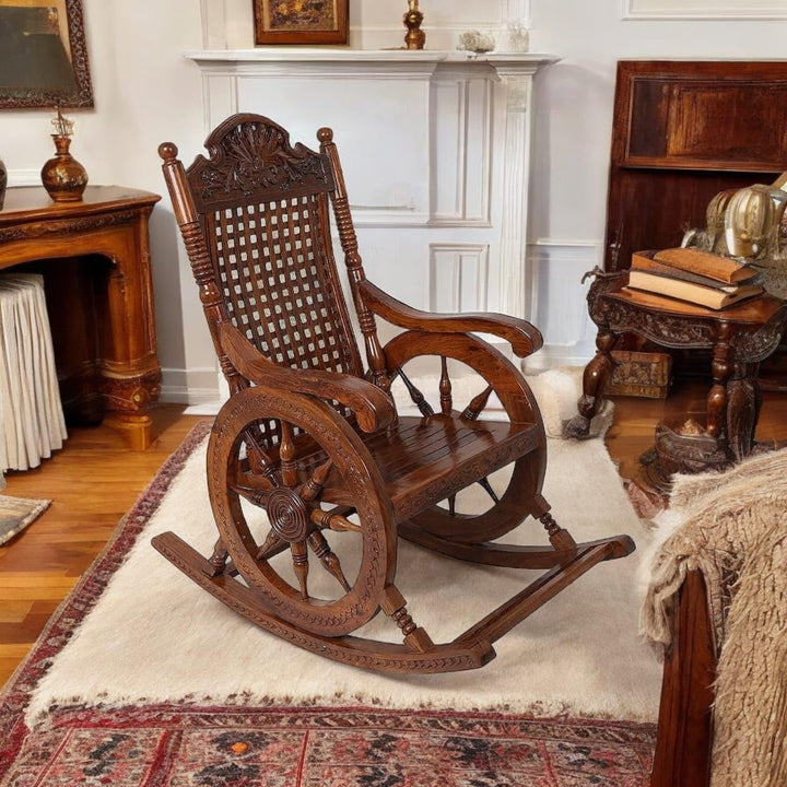 Royal Handcrafted Sheesham Wood Rocking Chair with Carved Wheel Design – Antique Gloss Finish