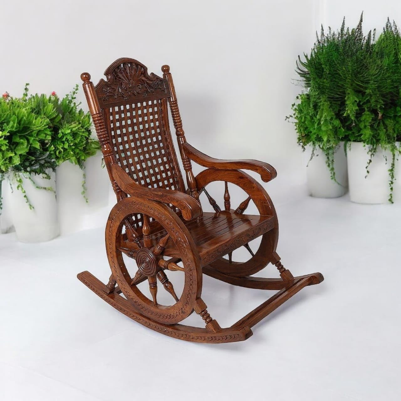 Royal Handcrafted Sheesham Wood Rocking Chair with Carved Wheel Design – Antique Gloss Finish