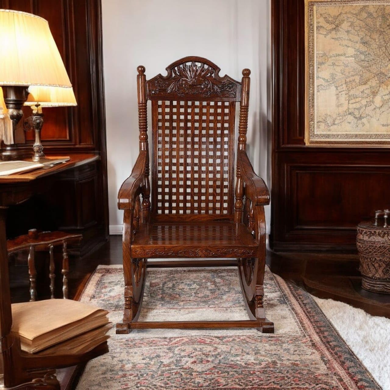 Royal Handcrafted Sheesham Wood Rocking Chair with Carved Wheel Design – Antique Gloss Finish
