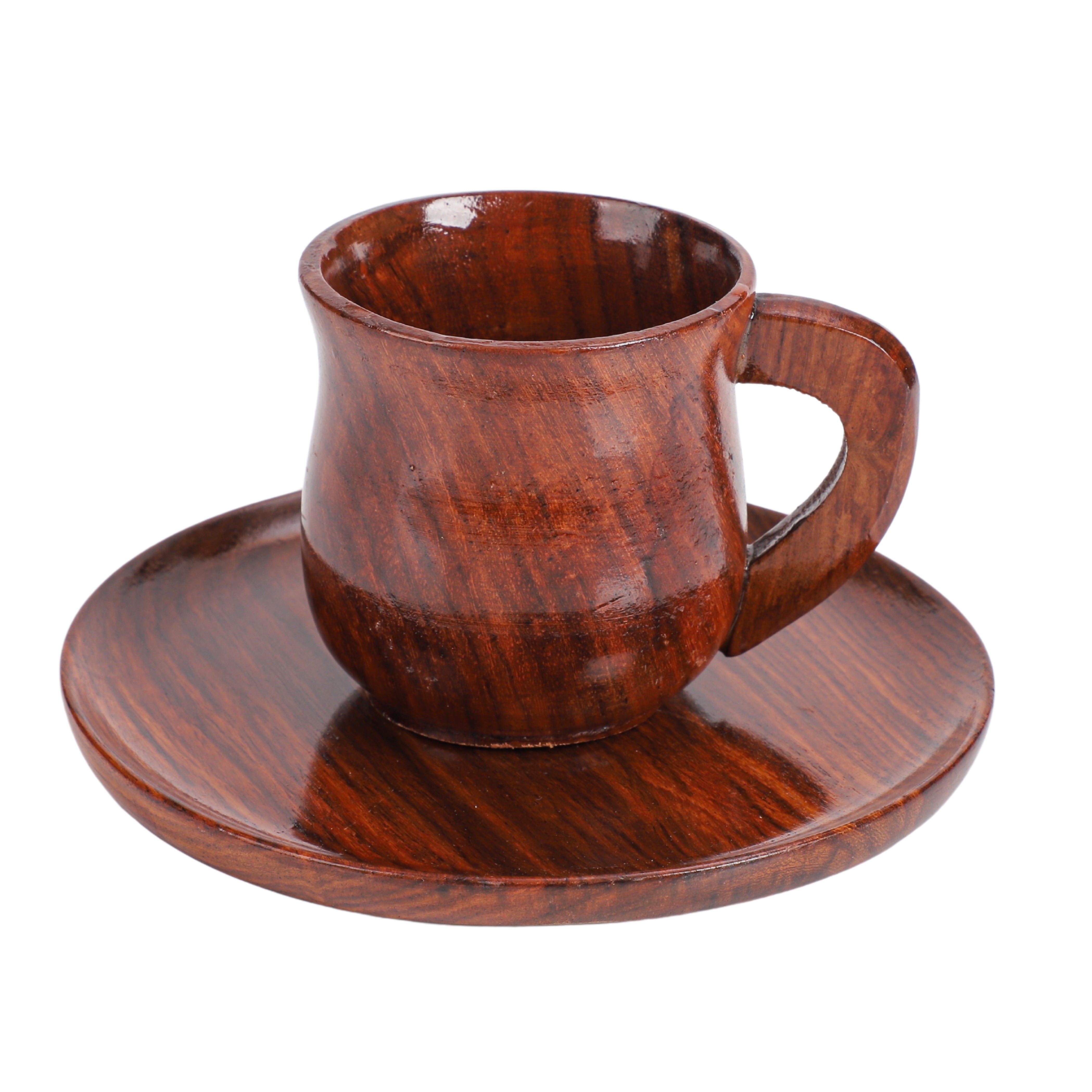 Handcrafted Sheesham Wood Tea Cup and Saucer Set – Rustic Brown Finish | Natural Wooden Drinkware