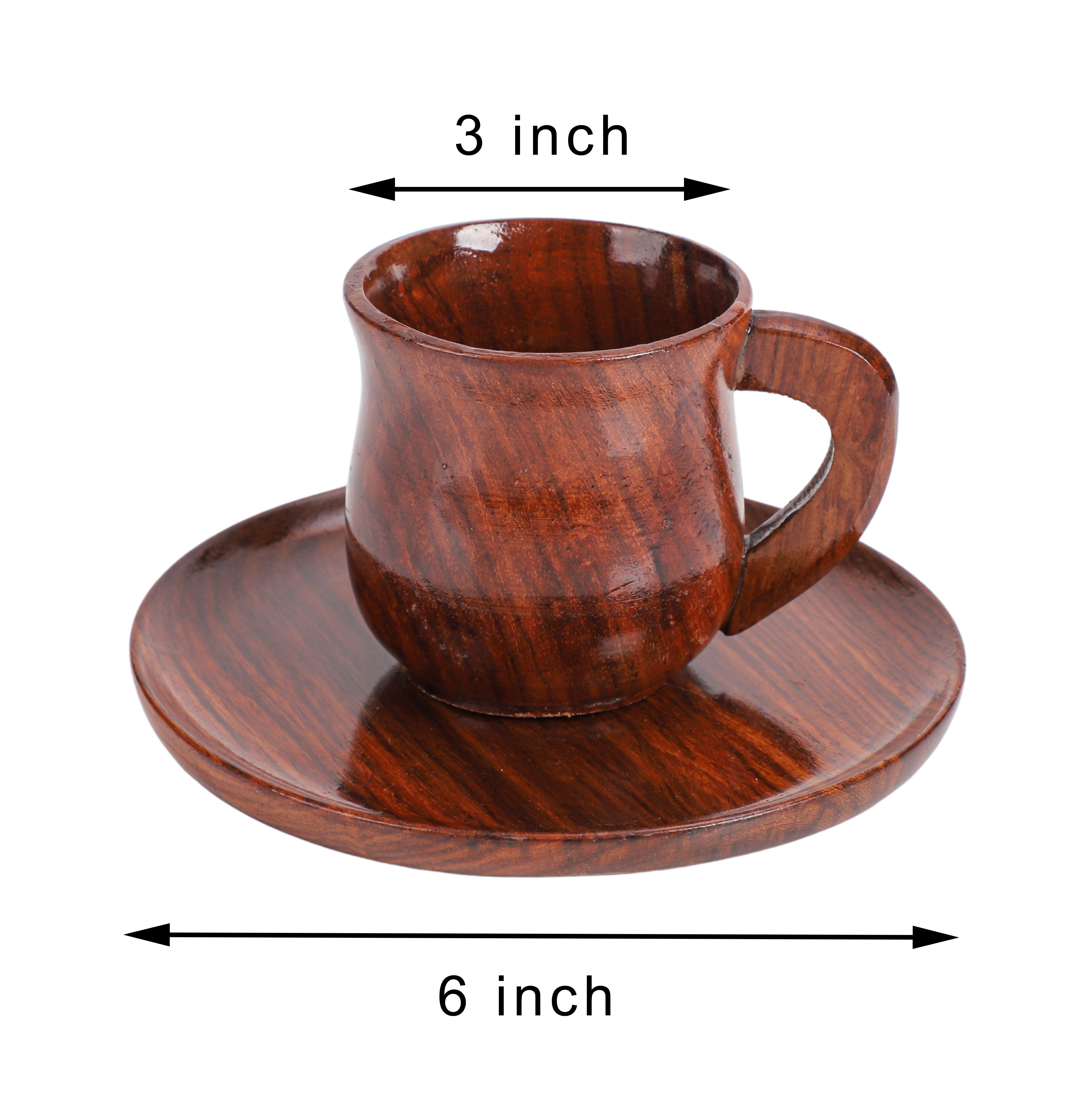 Handcrafted Sheesham Wood Tea Cup and Saucer Set – Rustic Brown Finish | Natural Wooden Drinkware