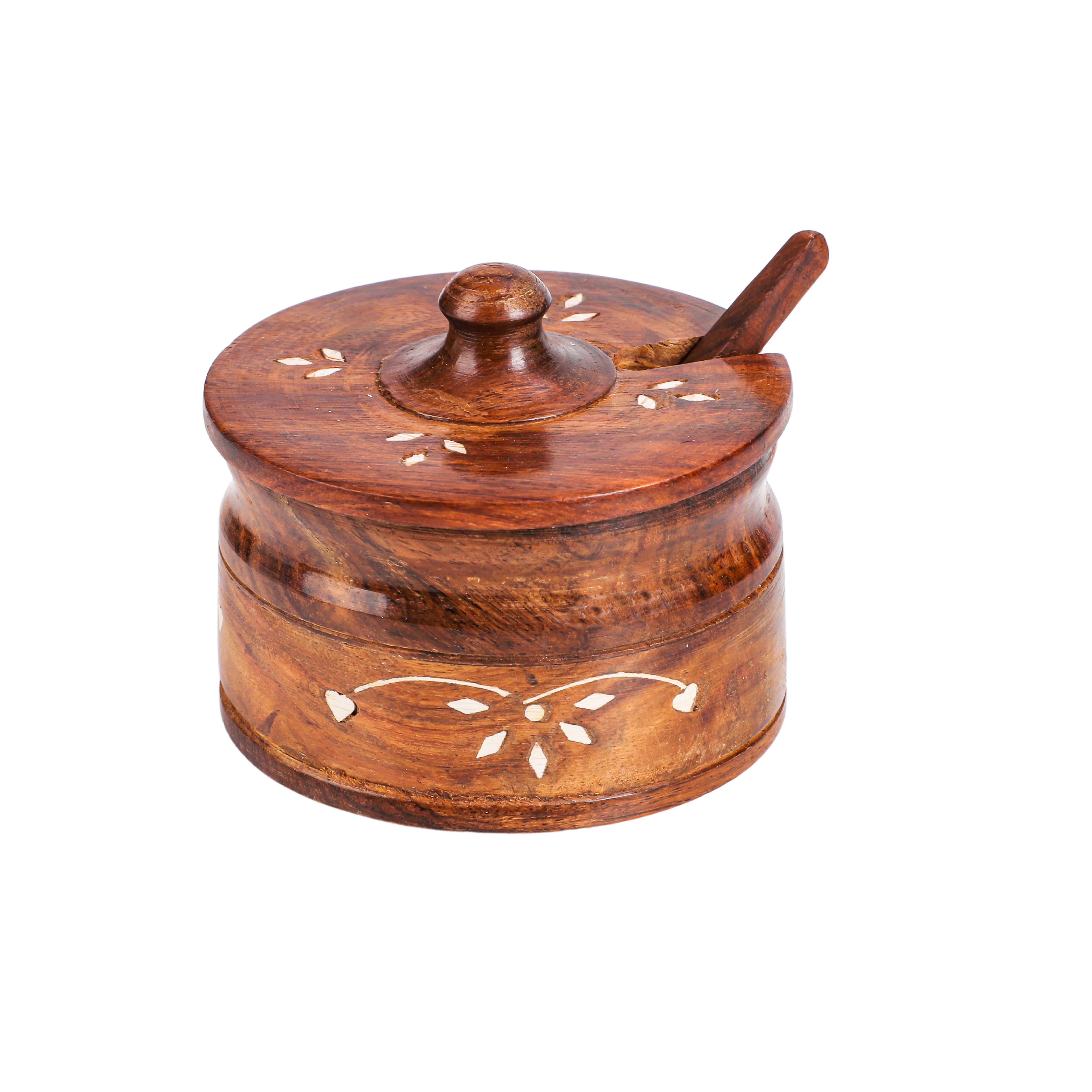 Handcrafted Sheesham Wood Spice & Pickle Jar with Lid and Spoon – Multipurpose Storage Container
