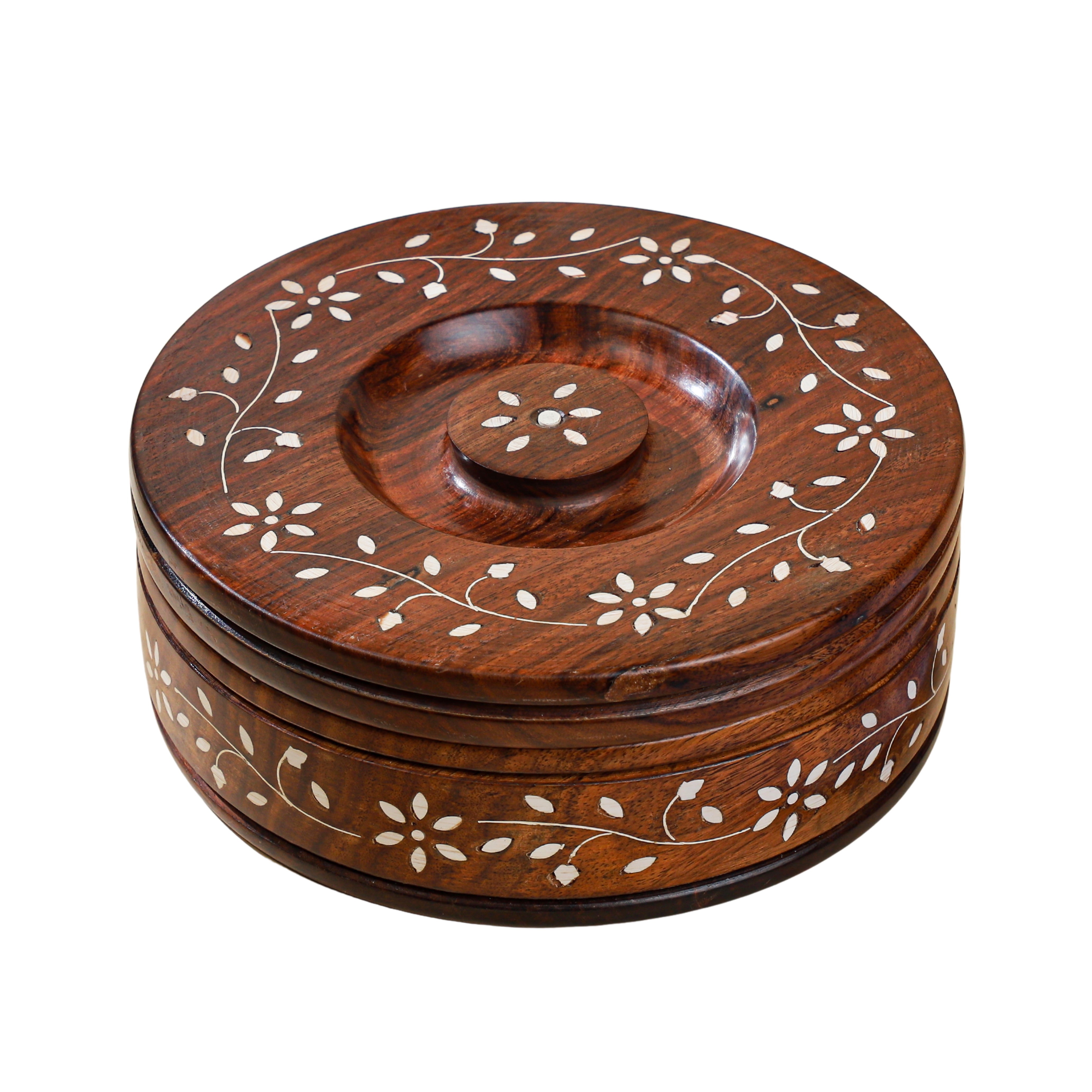 Handcrafted Sheesham Wood Roti Box with Lid – Floral Inlay, Natural Finish