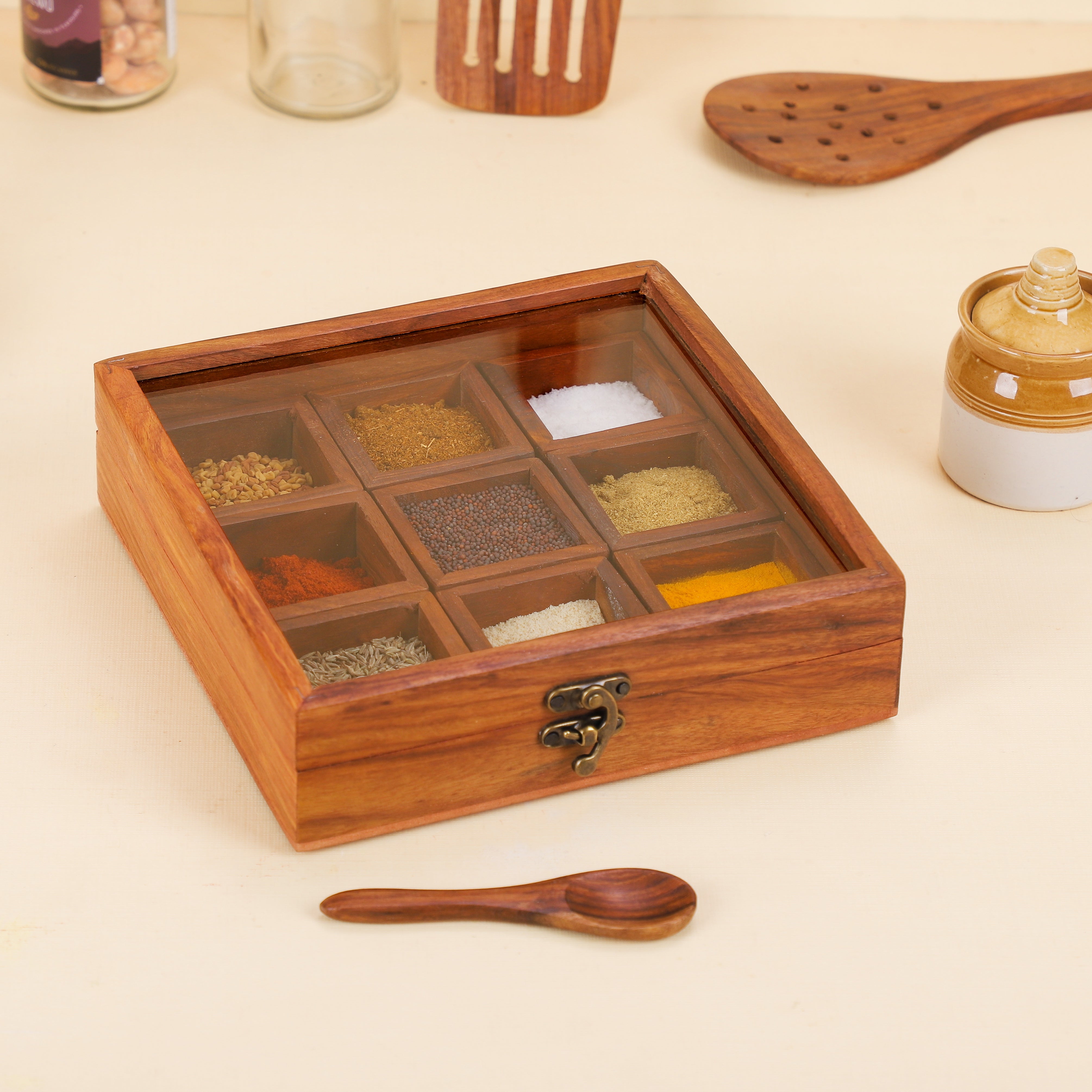 Sheesham Wood Spice Box with Containers & Spoon – 9 Partition Masala Organizer with Glass Lid