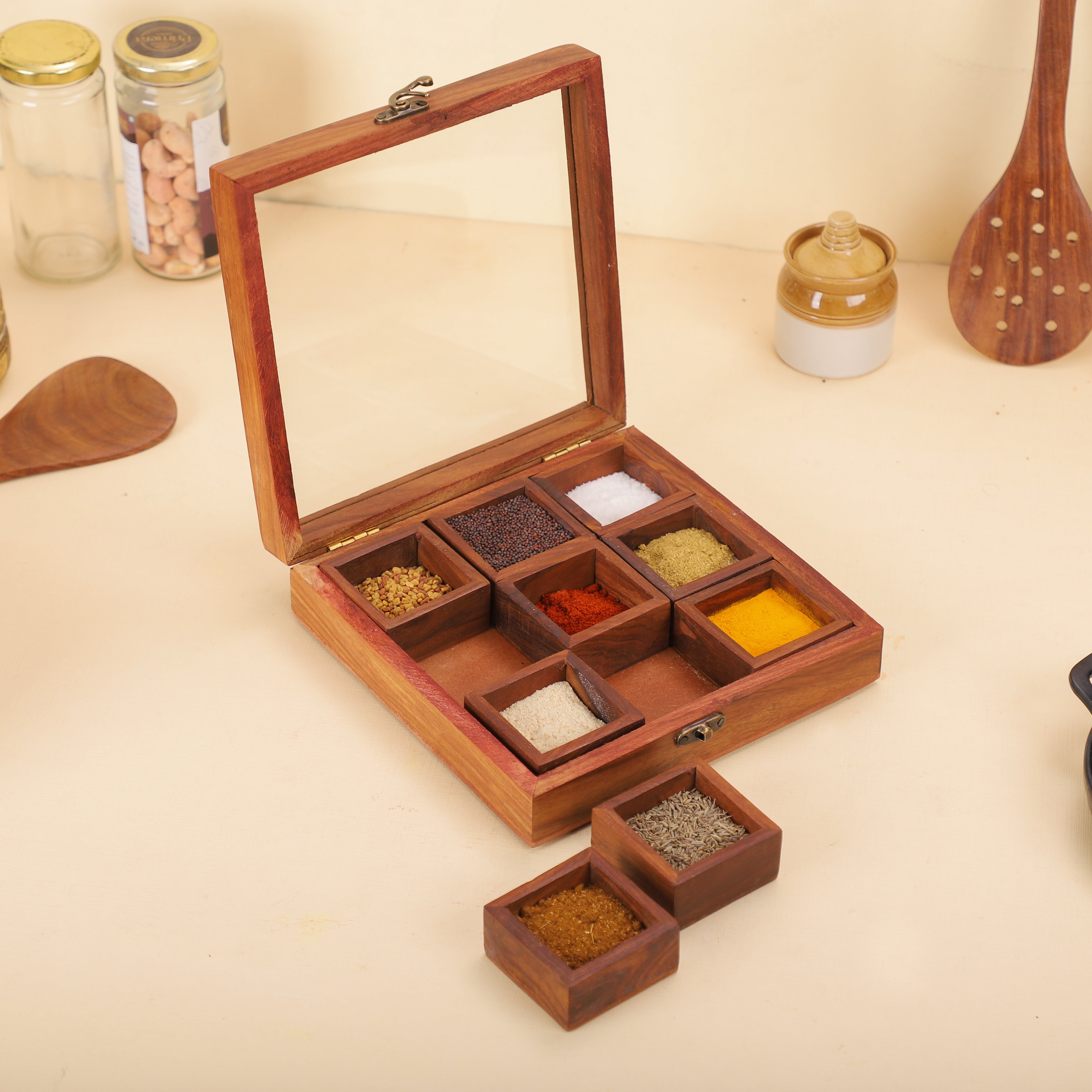 Sheesham Wood Spice Box with Containers & Spoon – 9 Partition Masala Organizer with Glass Lid