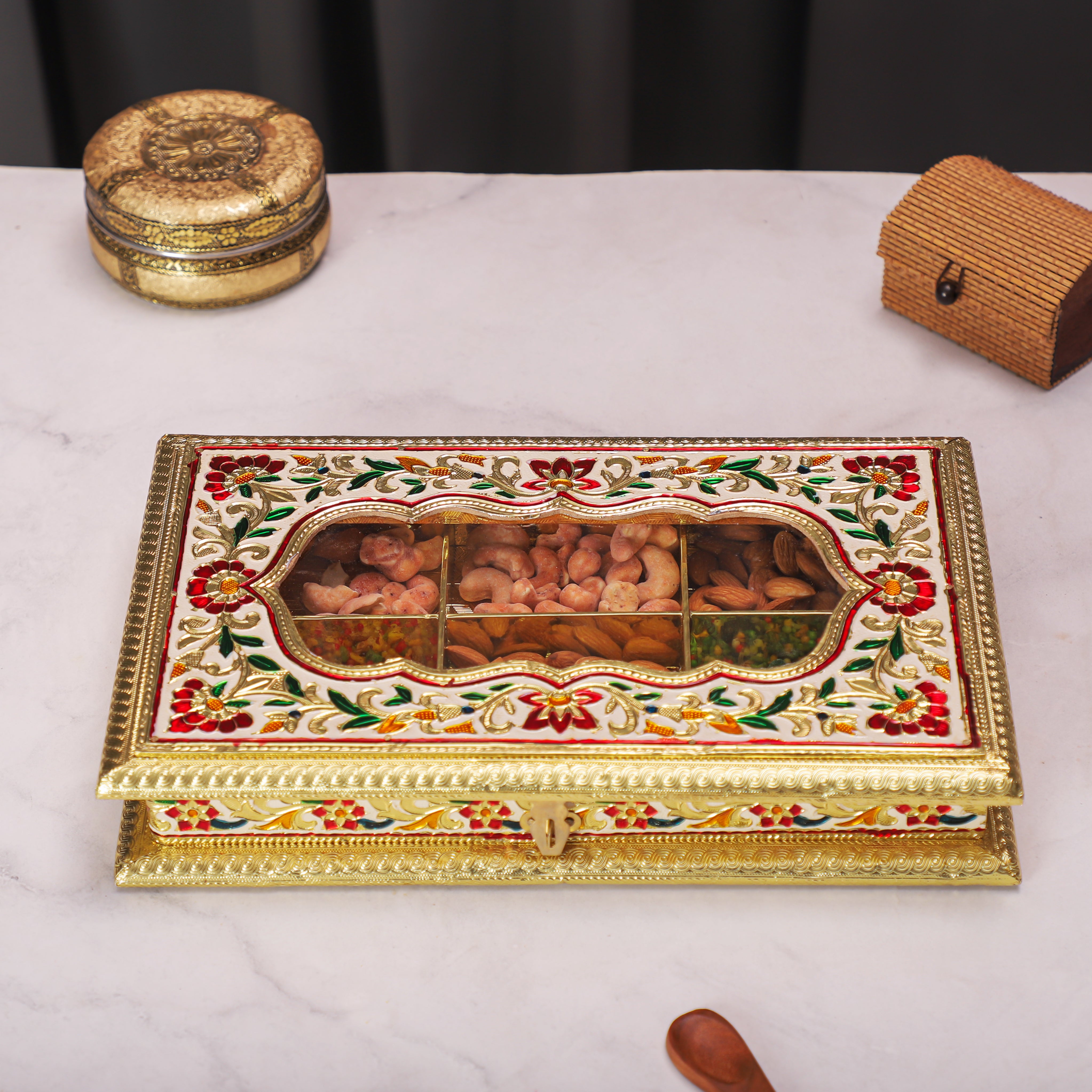 Handcrafted Rajasthani Meenakari Dry Fruit Box | Decorative Wooden Gift Box for Sweets, Mukhwas, Chocolates & Festive Gifting