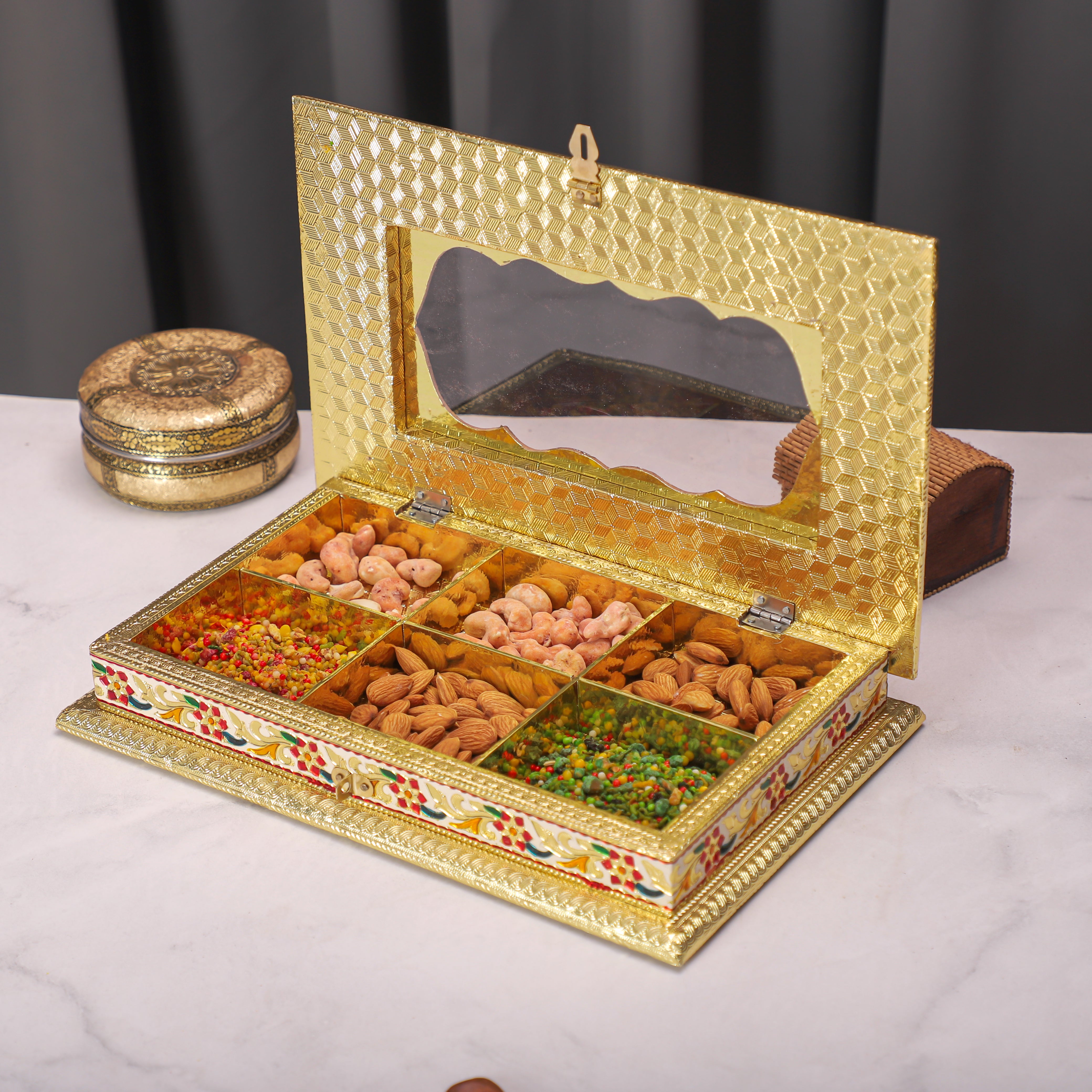 Handcrafted Rajasthani Meenakari Dry Fruit Box | Decorative Wooden Gift Box for Sweets, Mukhwas, Chocolates & Festive Gifting