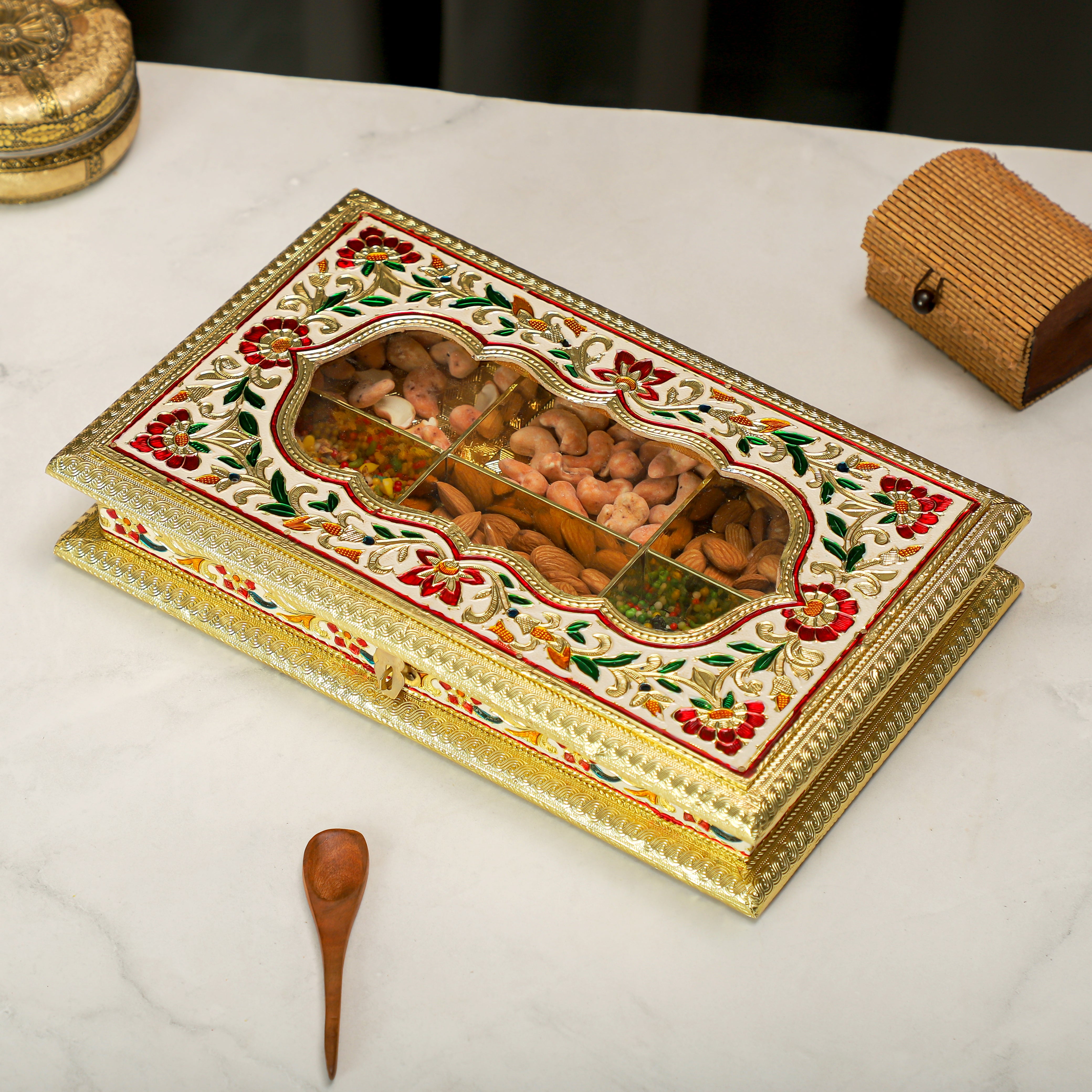 Handcrafted Rajasthani Meenakari Dry Fruit Box | Decorative Wooden Gift Box for Sweets, Mukhwas, Chocolates & Festive Gifting