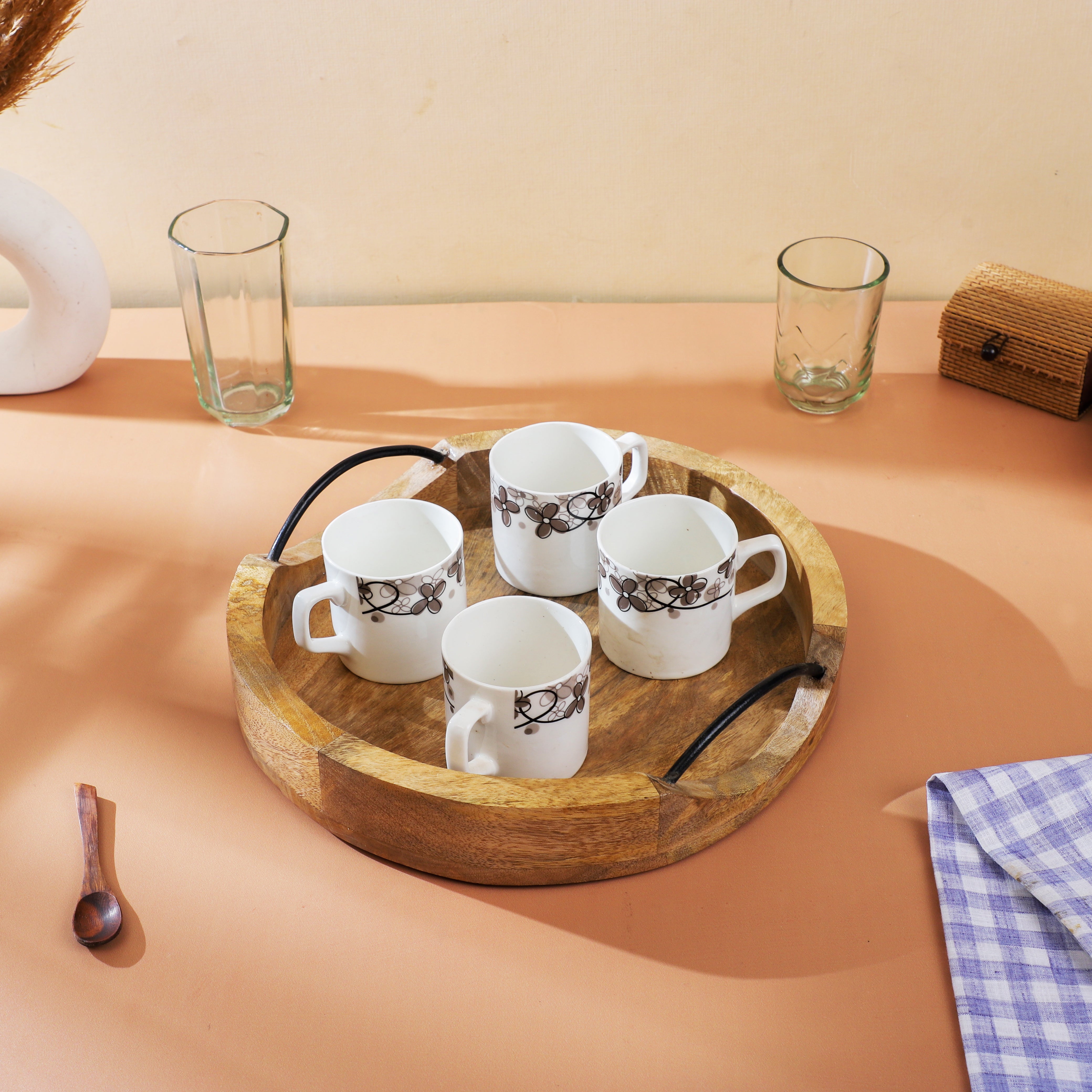 Handcrafted Round Mango Wood Serving Tray with Iron Handles – 12-Inch Natural Finish