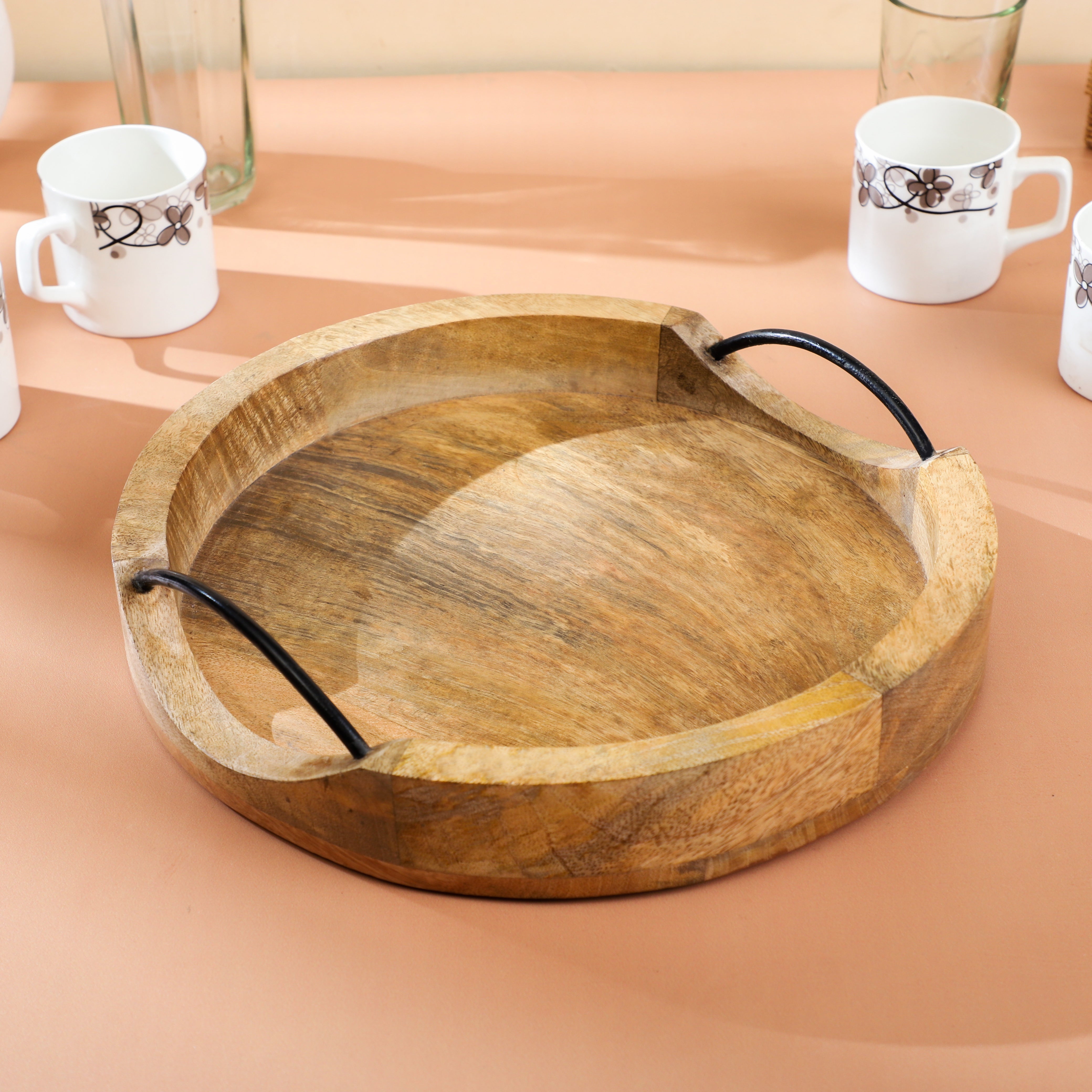 Handcrafted Round Mango Wood Serving Tray with Iron Handles – 12-Inch Natural Finish