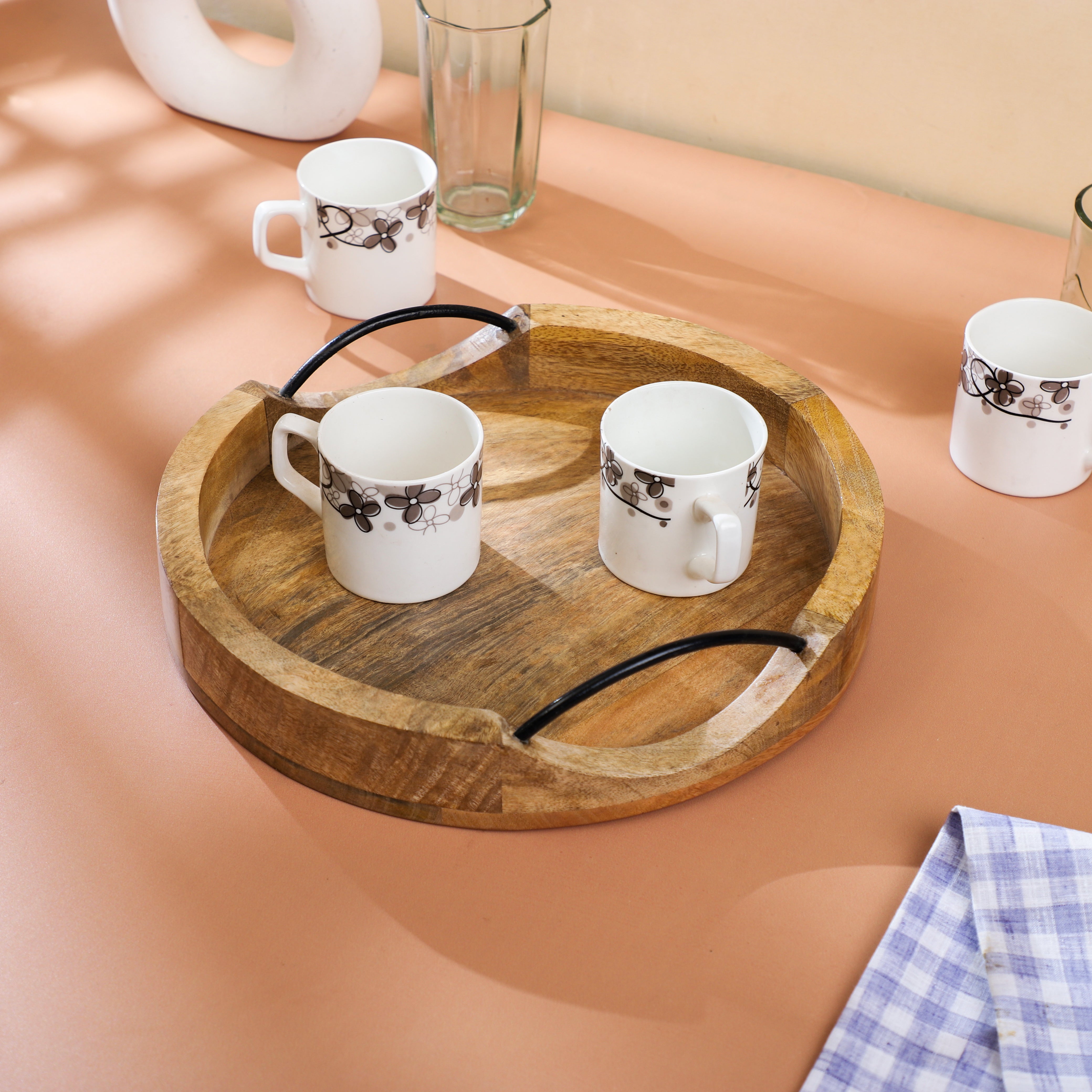 Handcrafted Round Mango Wood Serving Tray with Iron Handles – 12-Inch Natural Finish