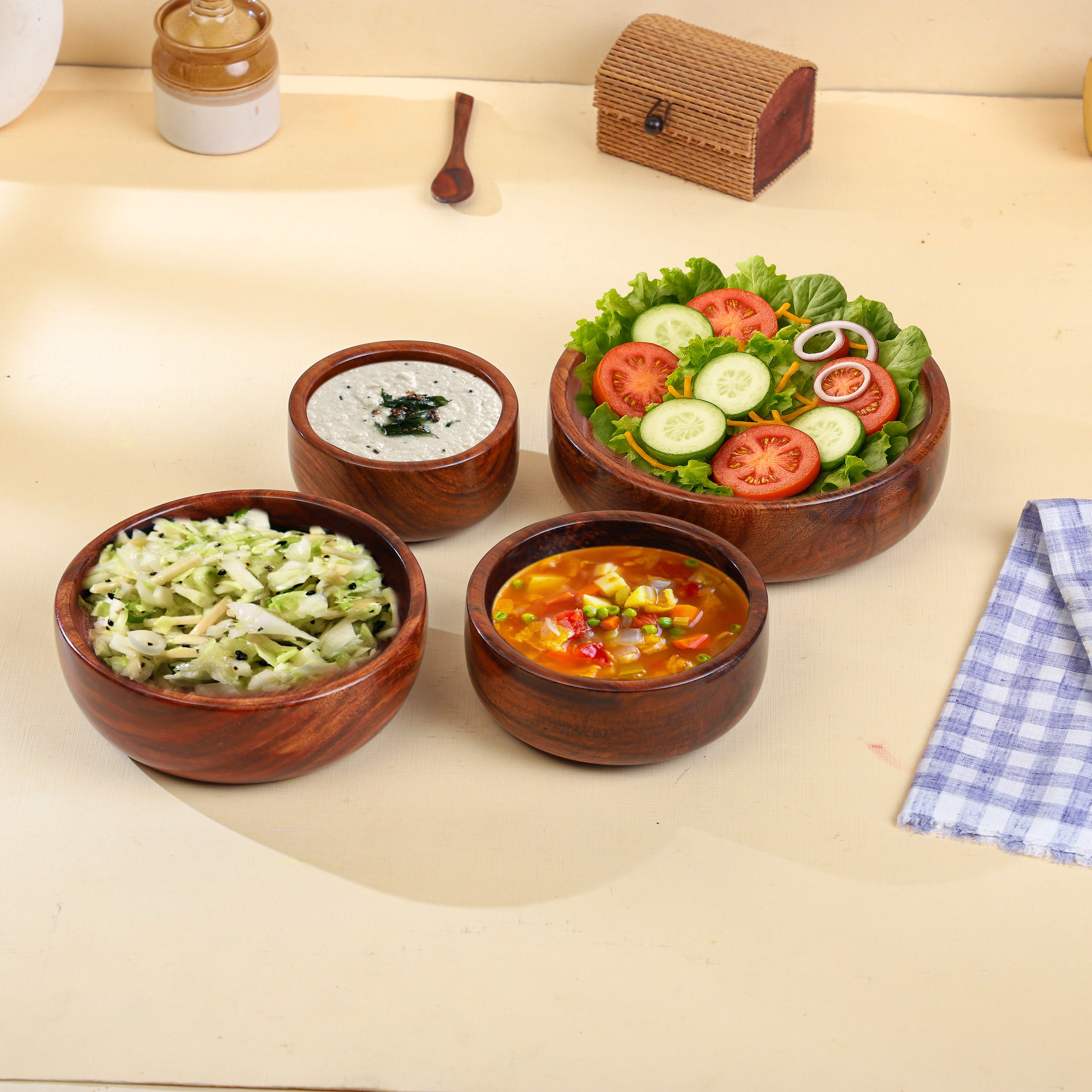 Handcrafted Sheesham Wood Bowl Set – 4-Piece Natural Finish | Multipurpose Kitchen & Serving Bowls