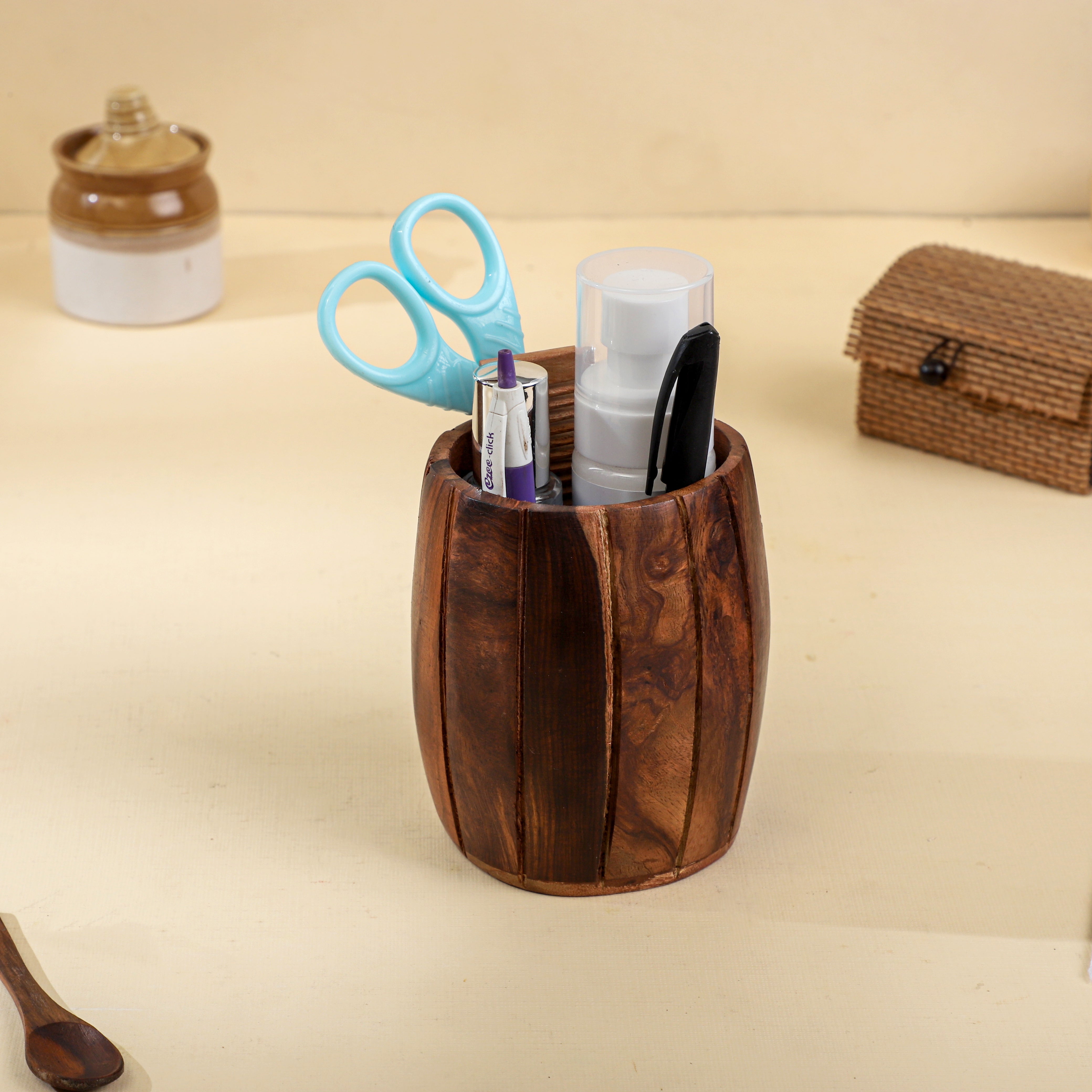Handcrafted Sheesham Wood Pen Holder | Rustic Wooden Desk Organizer by Wood and Whisk