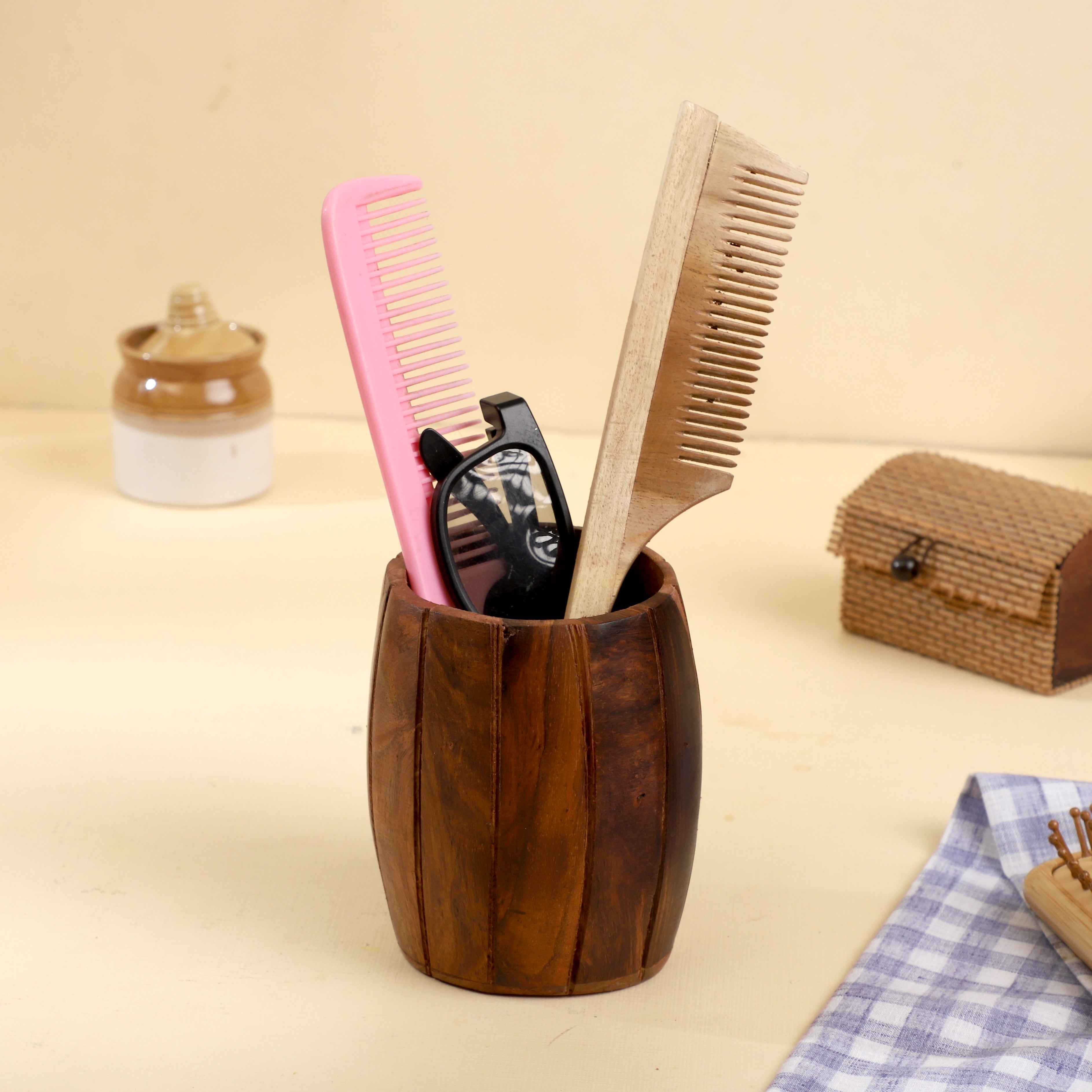Handcrafted Sheesham Wood Pen Holder | Rustic Wooden Desk Organizer by Wood and Whisk