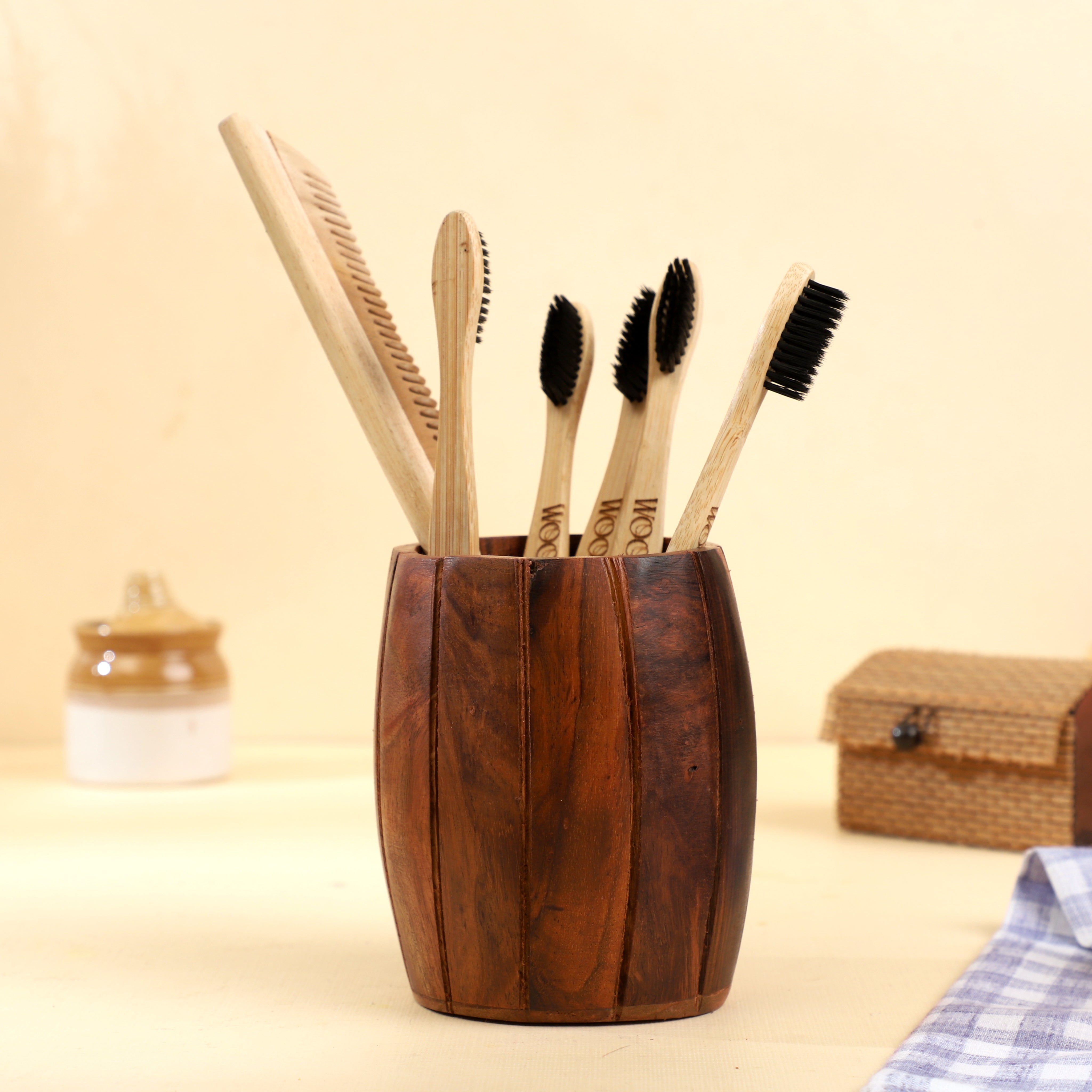Handcrafted Sheesham Wood Pen Holder | Rustic Wooden Desk Organizer by Wood and Whisk