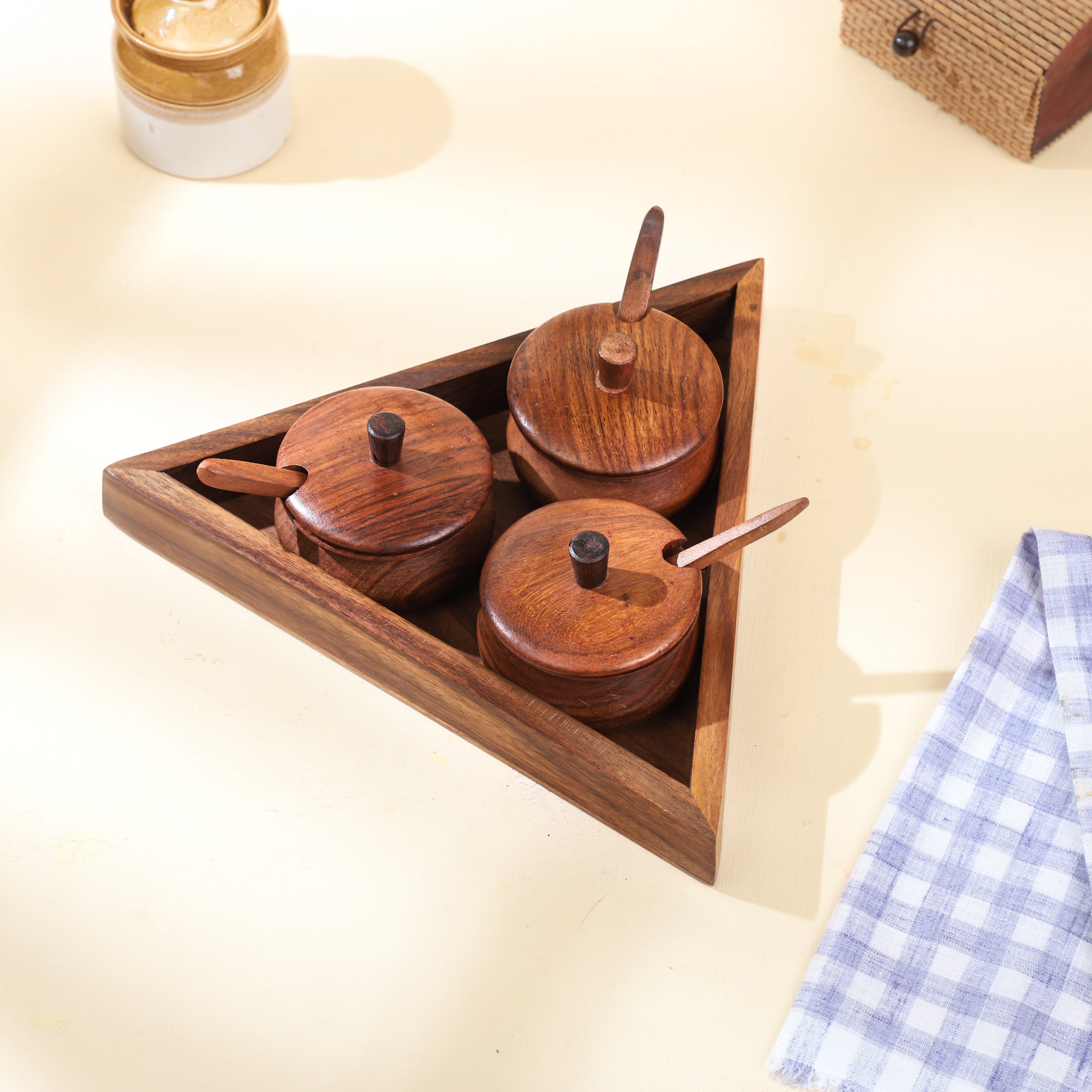 Handcrafted Wooden Spice Box Set with Triangle Tray – 3 Jar Masala Organizer with Lid & Spoon