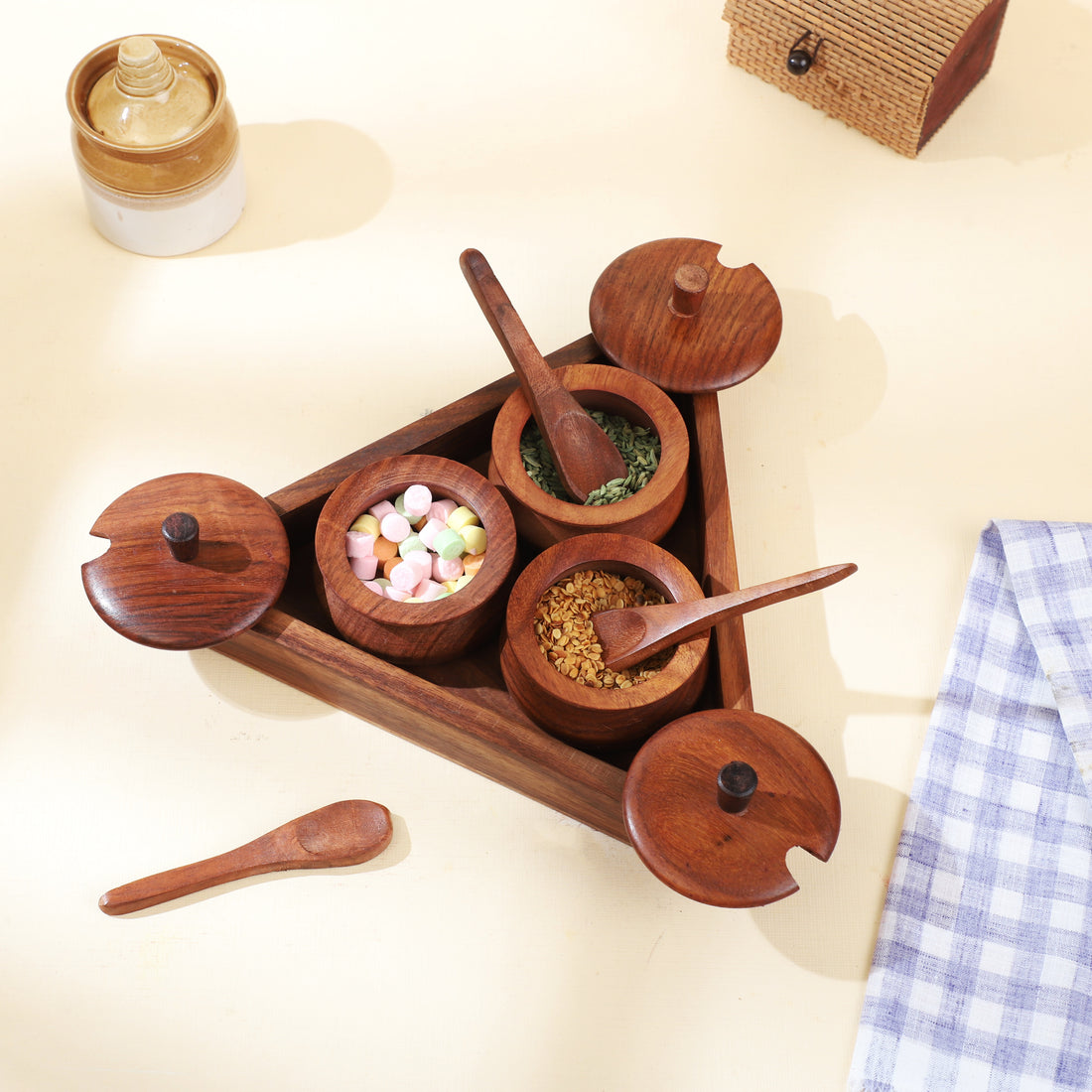 Handcrafted Wooden Spice Box Set with Triangle Tray – 3 Jar Masala Organizer with Lid & Spoon