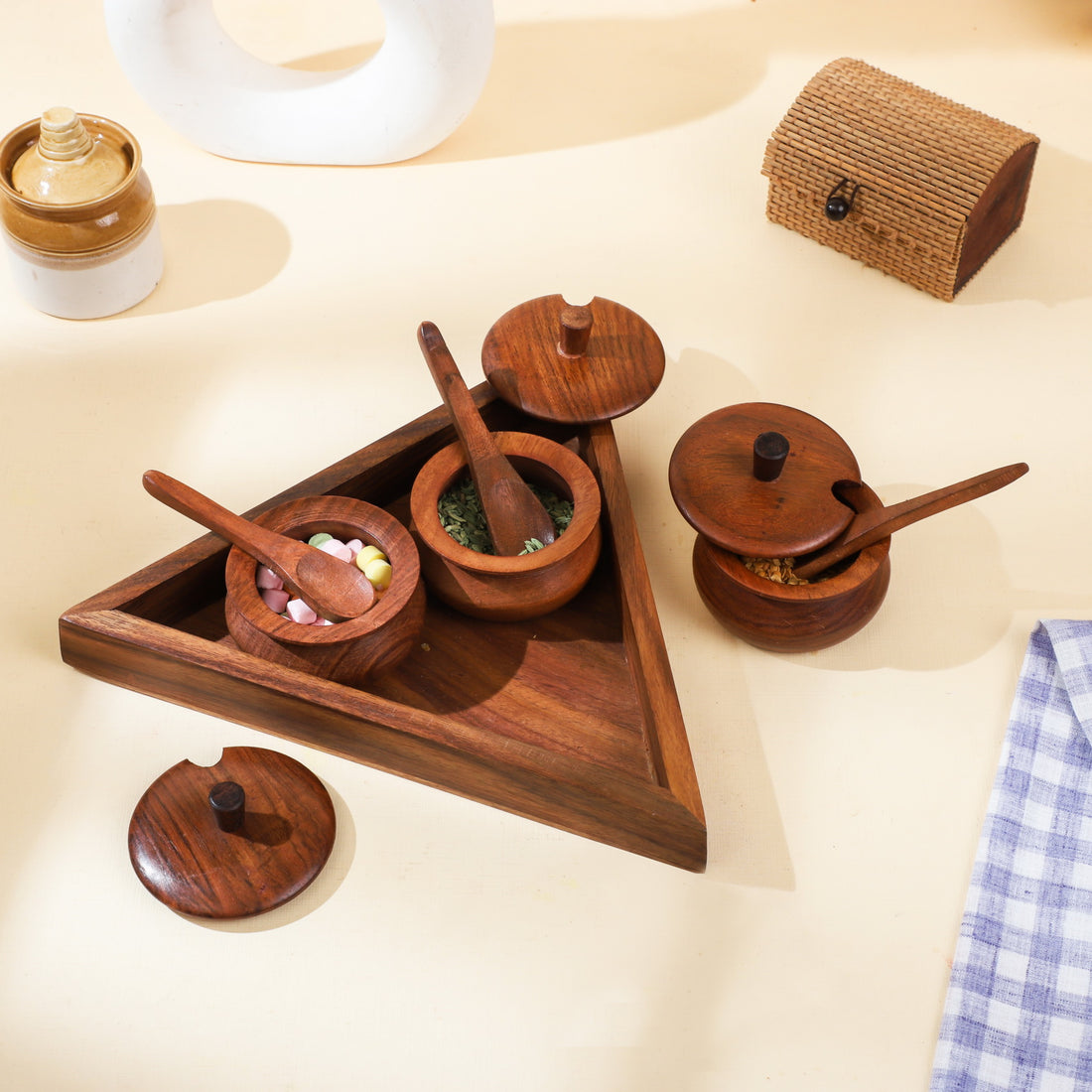 Handcrafted Wooden Spice Box Set with Triangle Tray – 3 Jar Masala Organizer with Lid & Spoon