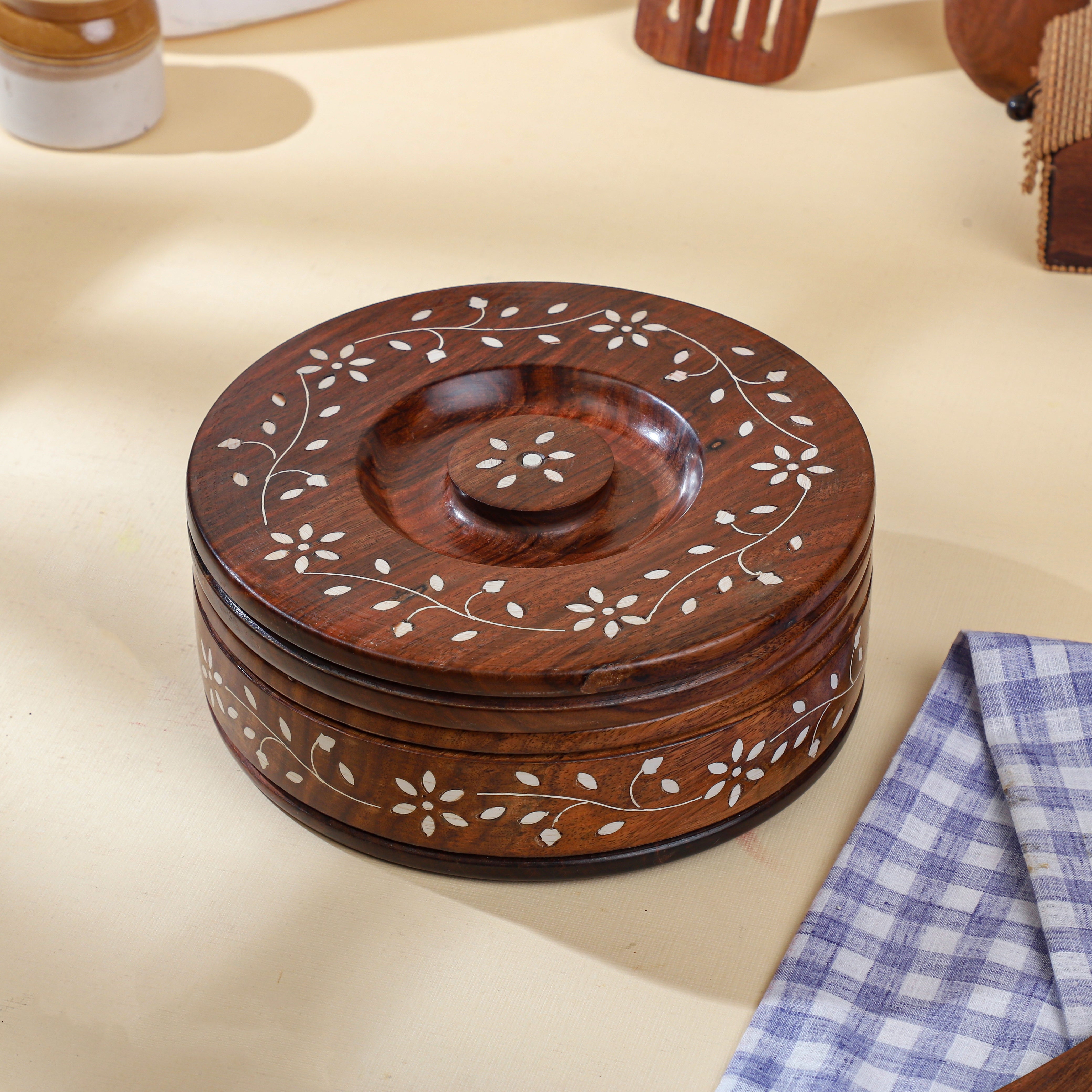 Handcrafted Sheesham Wood Roti Box with Lid – Floral Inlay, Natural Finish