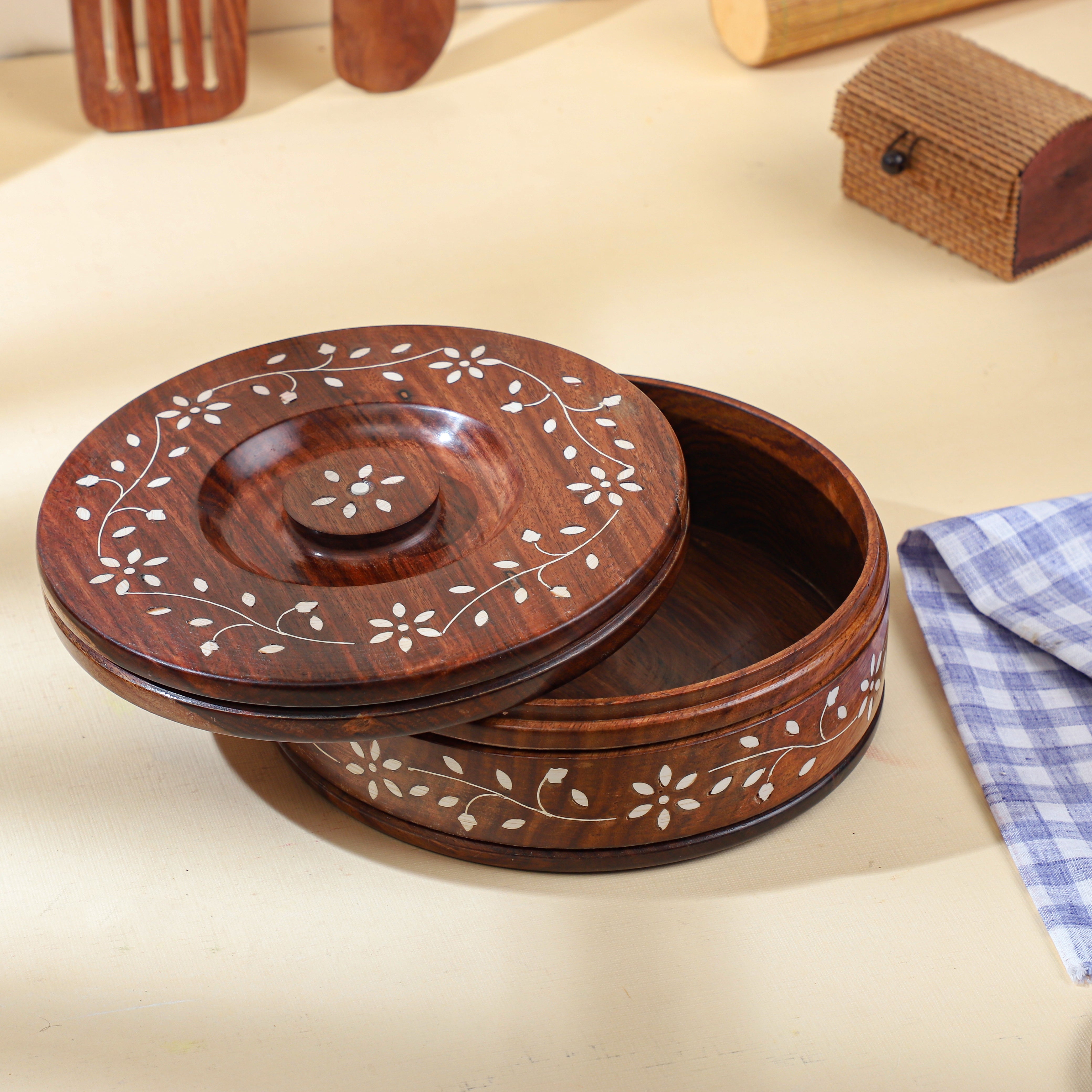 Handcrafted Sheesham Wood Roti Box with Lid – Floral Inlay, Natural Finish