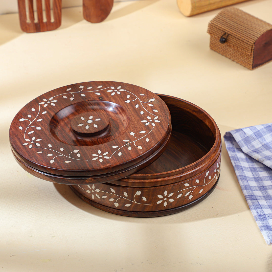 Handcrafted Sheesham Wood Roti Box with Lid – Floral Inlay, Natural Finish