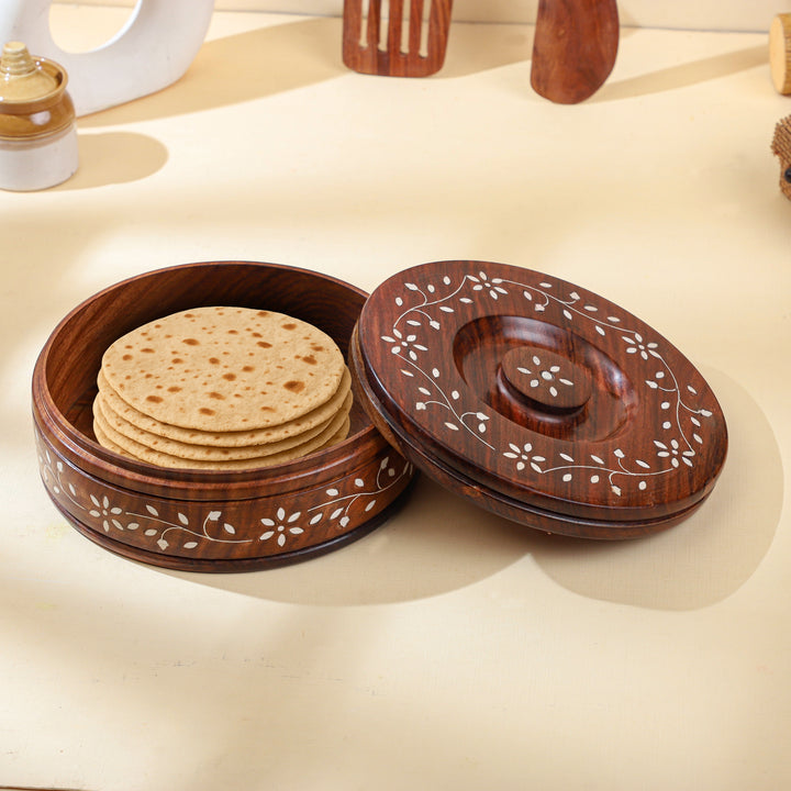 Handcrafted Sheesham Wood Roti Box with Lid – Floral Inlay, Natural Finish