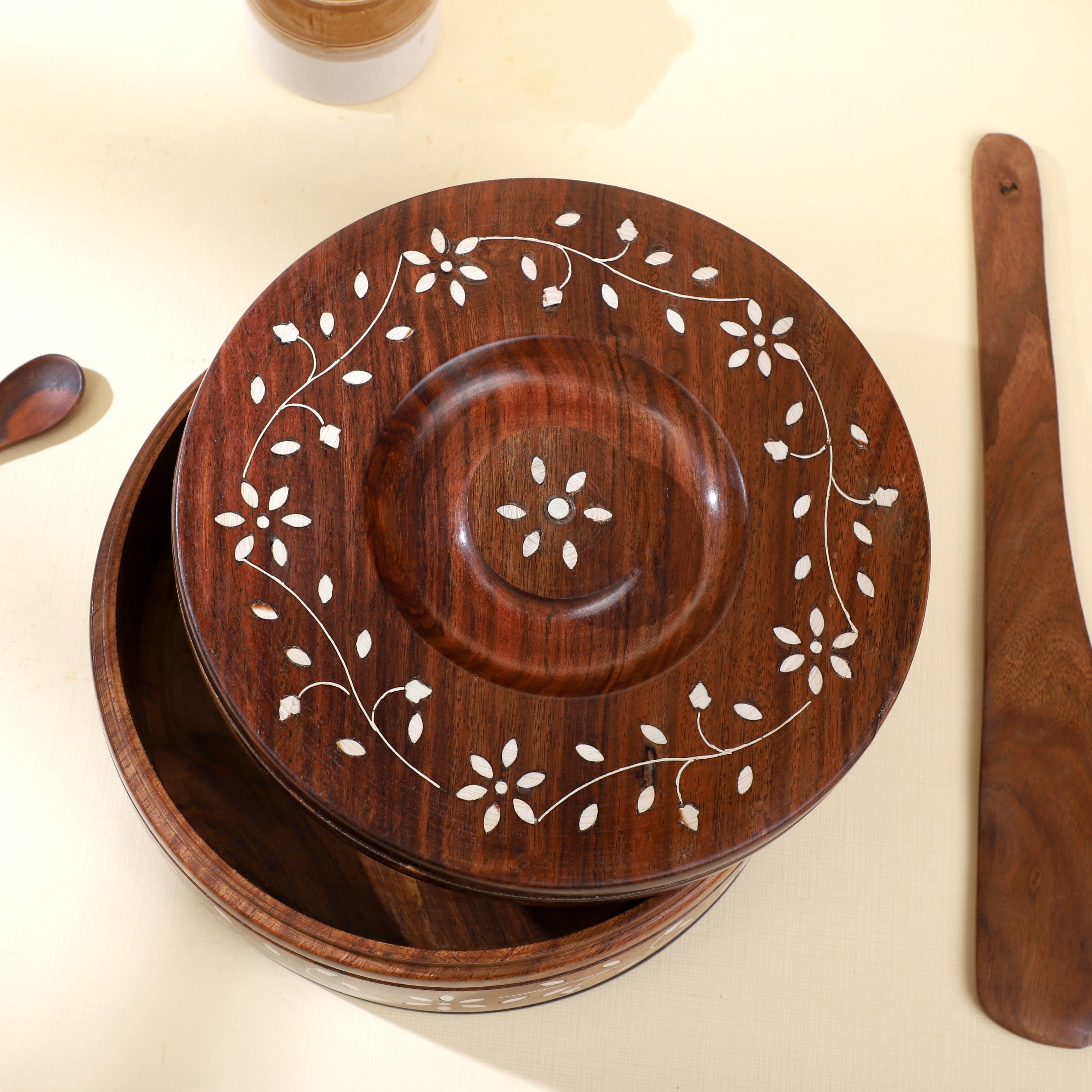 Handcrafted Sheesham Wood Roti Box with Lid – Floral Inlay, Natural Finish