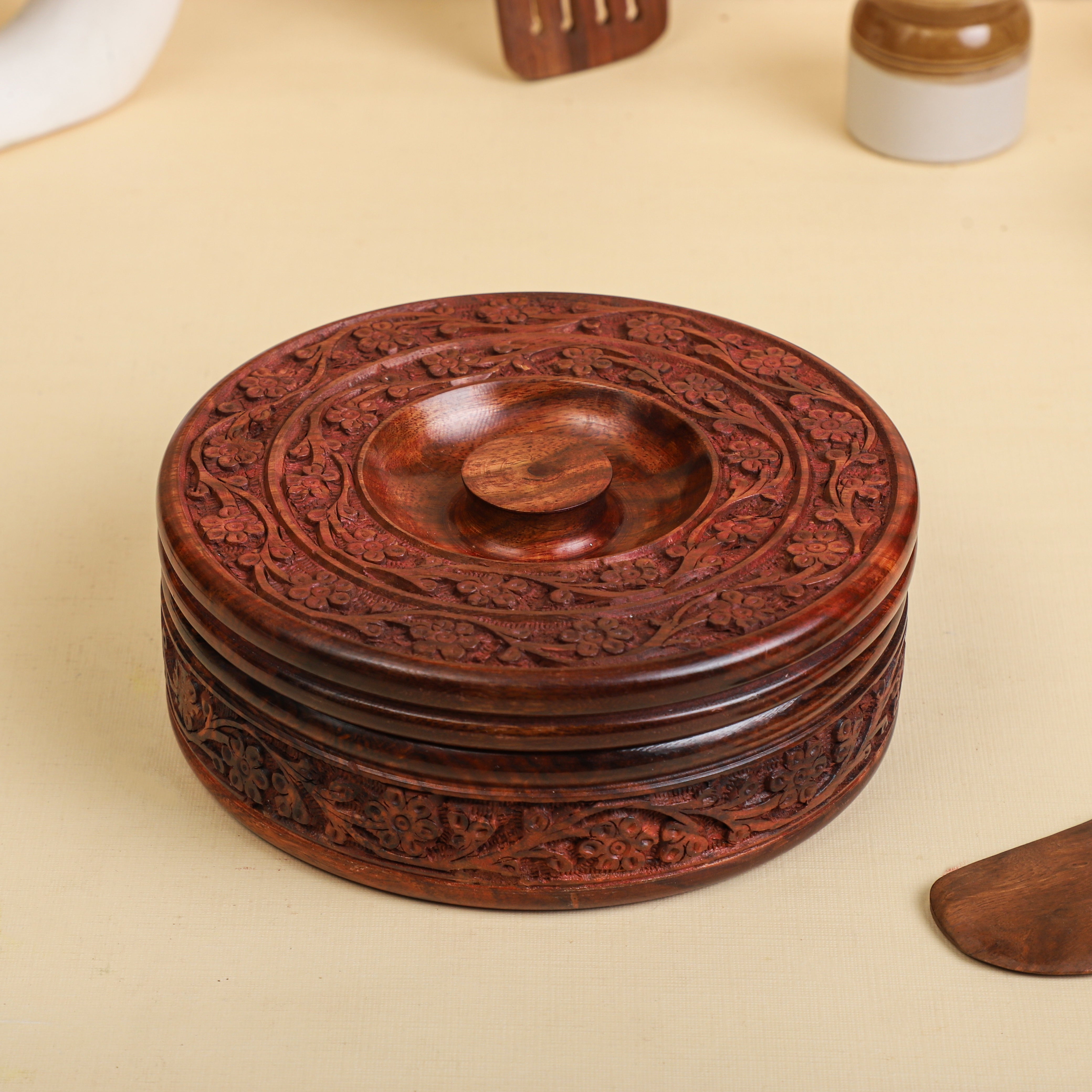 Handcrafted Sheesham Wood Casserole Box with Lid – 1000ml | Artisan Round Wooden Storage Container