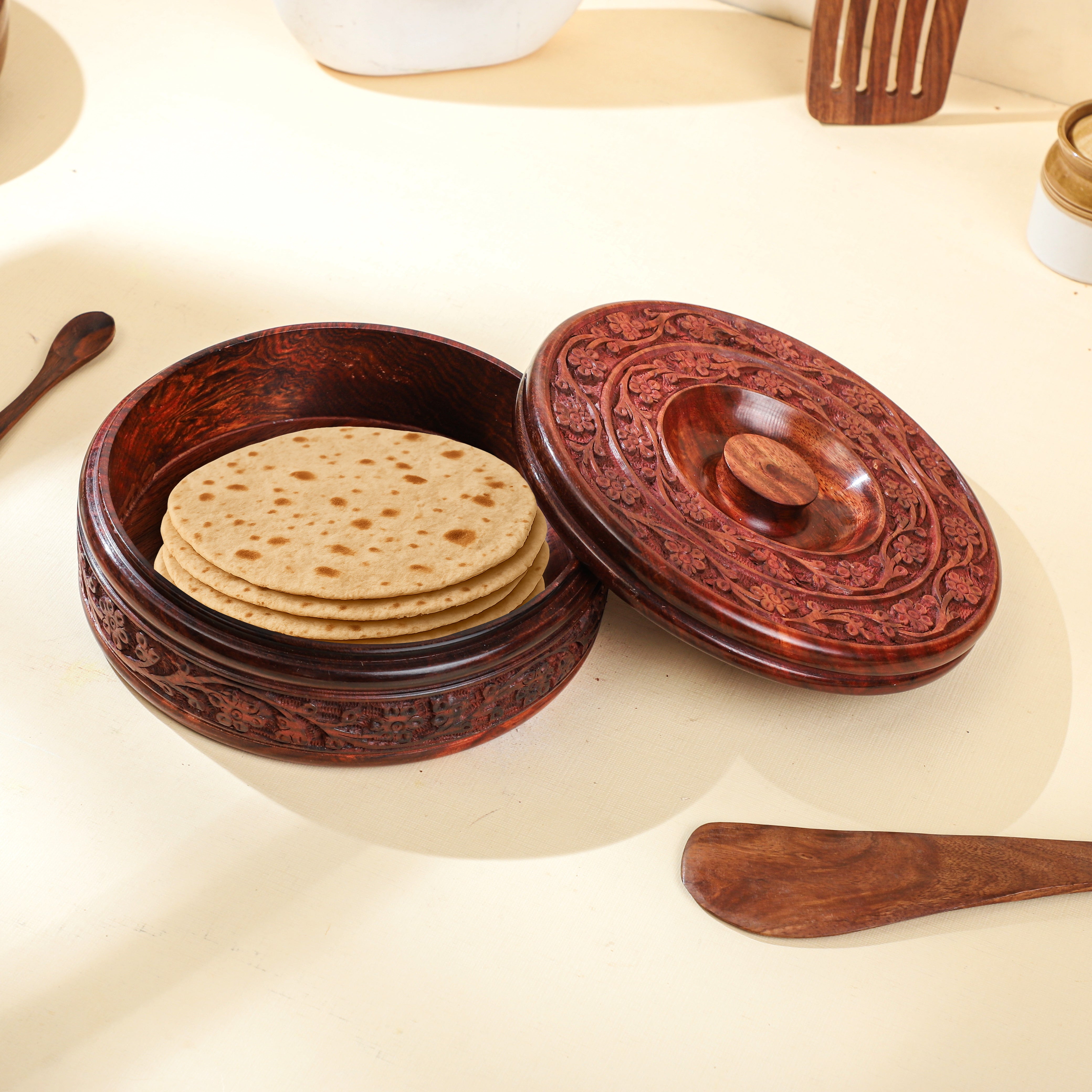 Handcrafted Sheesham Wood Casserole Box with Lid – 1000ml | Artisan Round Wooden Storage Container