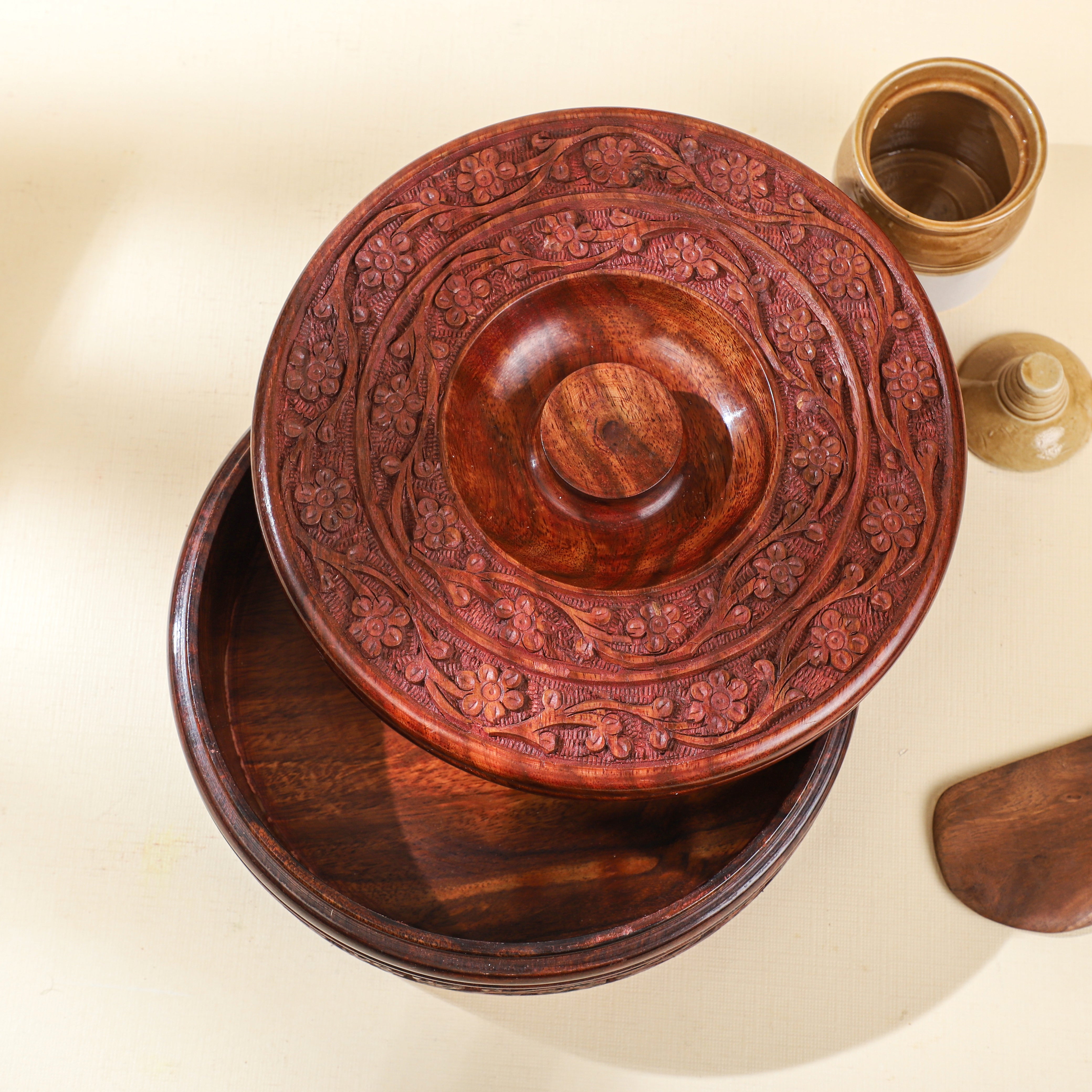 Handcrafted Sheesham Wood Casserole Box with Lid – 1000ml | Artisan Round Wooden Storage Container