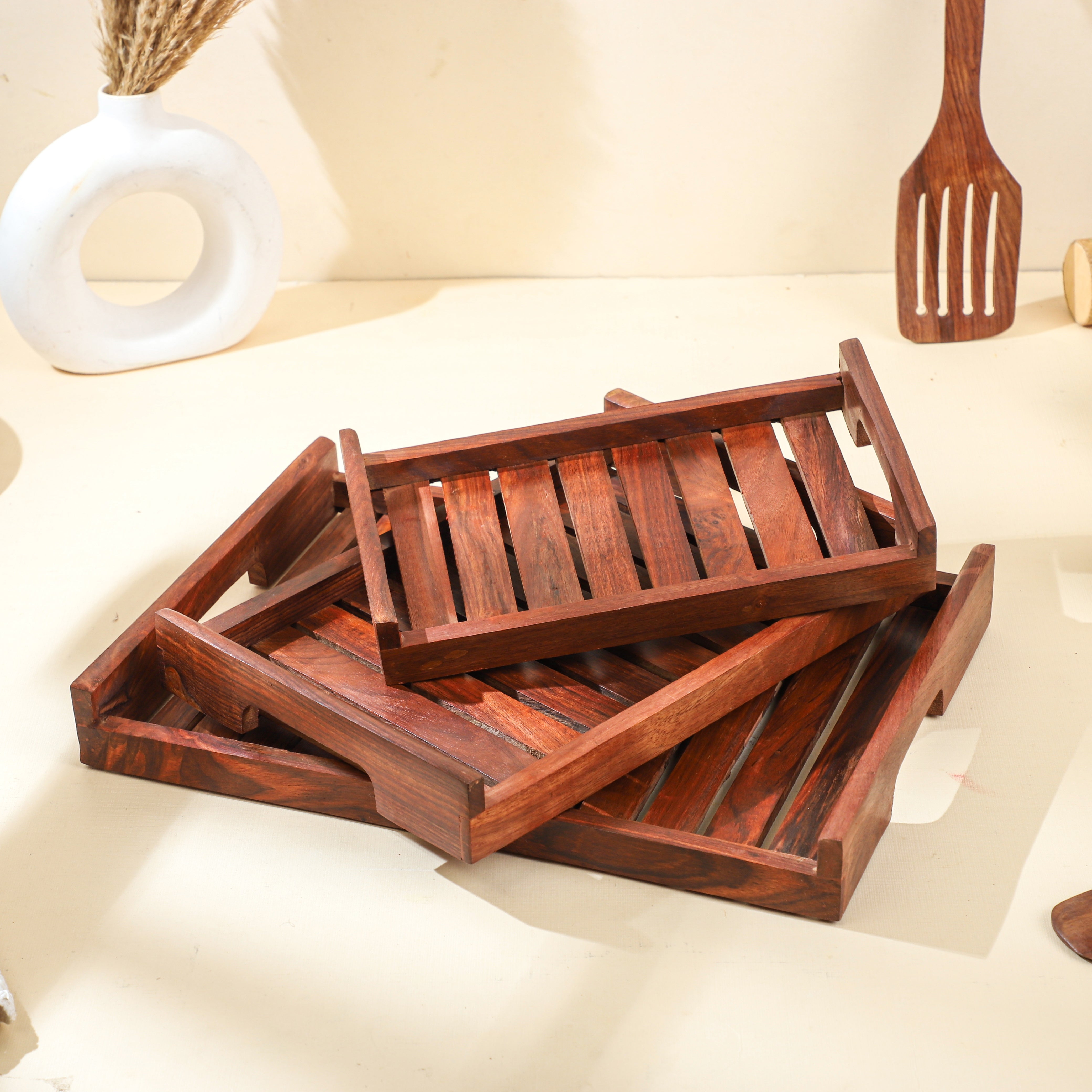 Handcrafted Sheesham Wood Tray Set of 3 | Flat Handle Serving Trays by Wood and Whisk