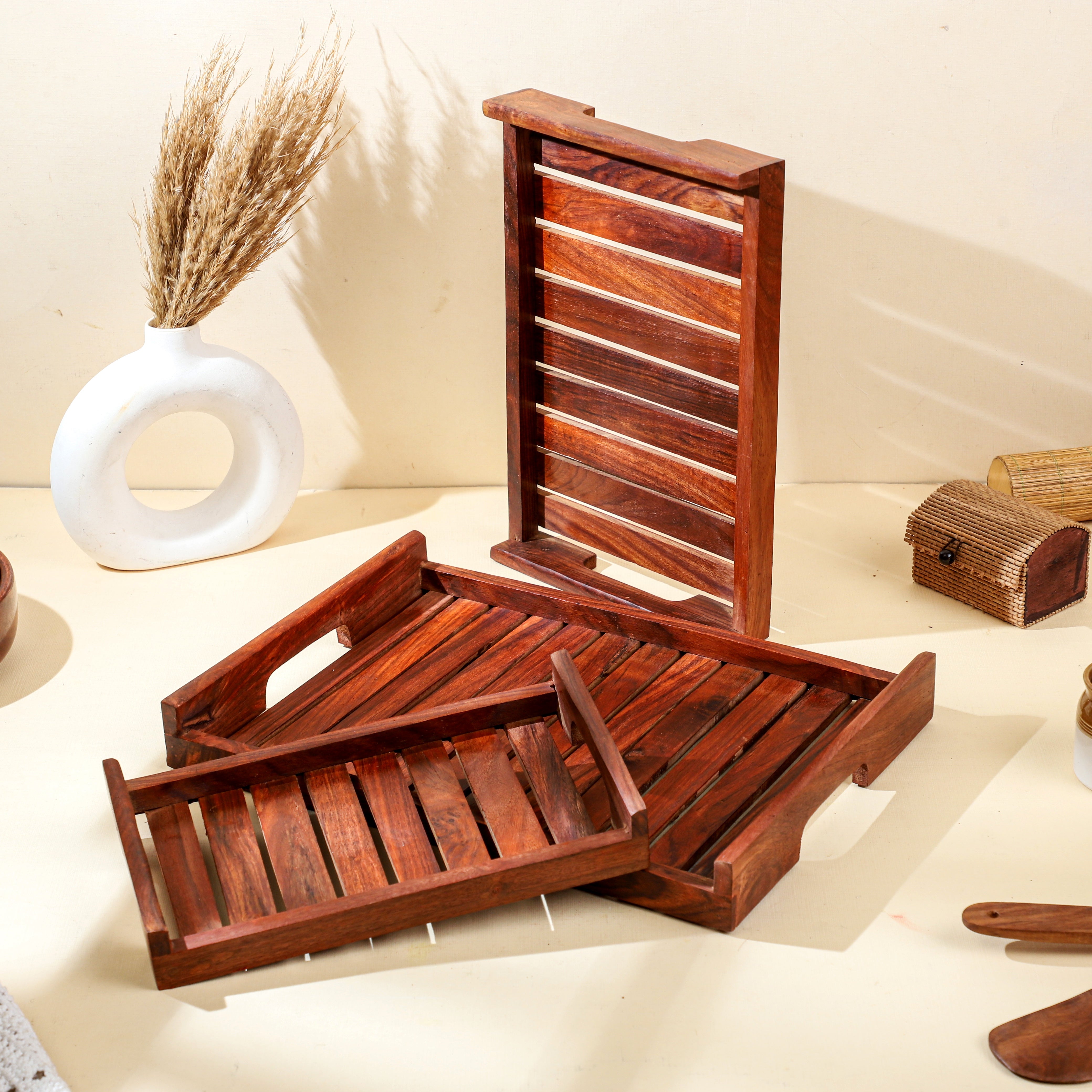Handcrafted Sheesham Wood Tray Set of 3 | Flat Handle Serving Trays by Wood and Whisk