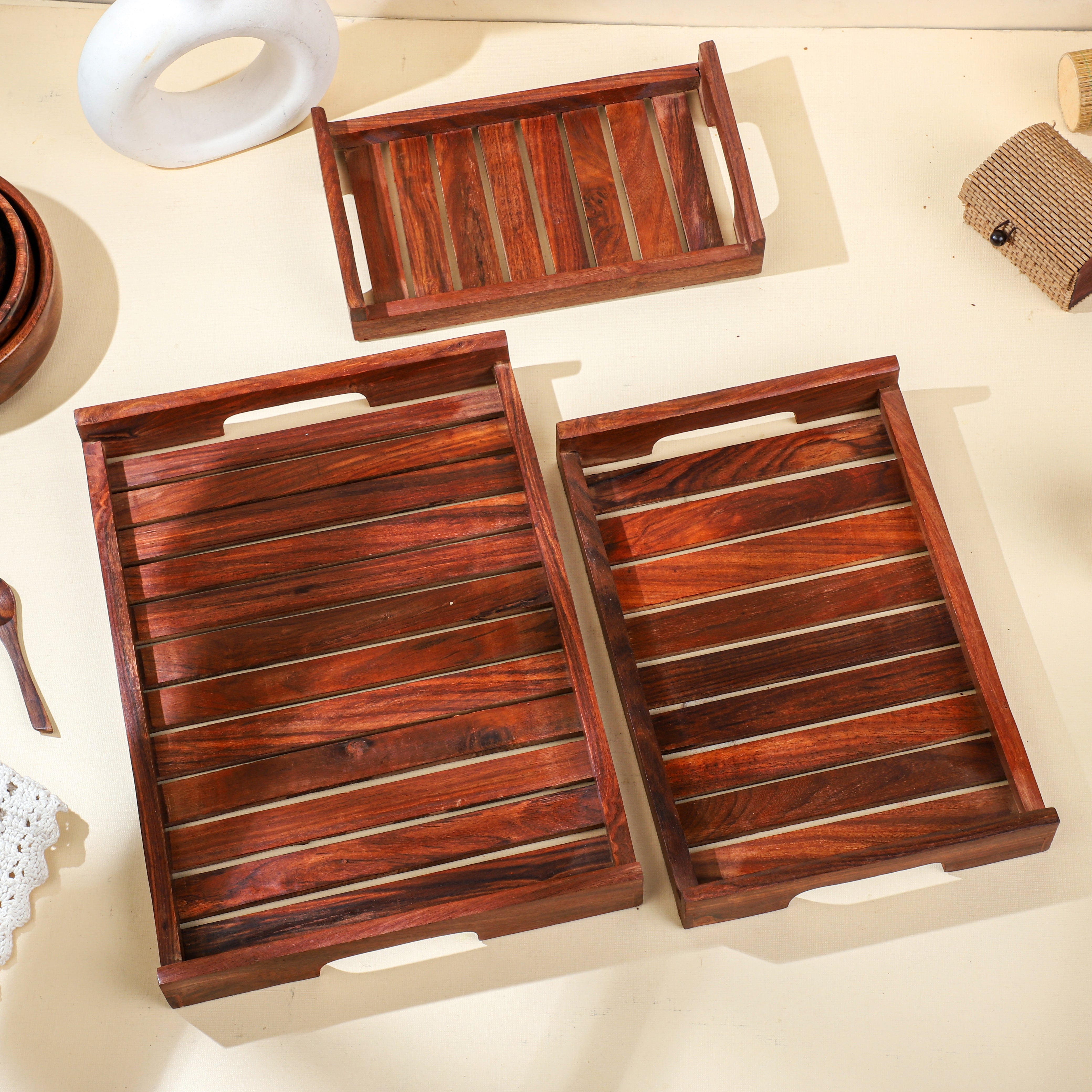 Handcrafted Sheesham Wood Tray Set of 3 | Flat Handle Serving Trays by Wood and Whisk