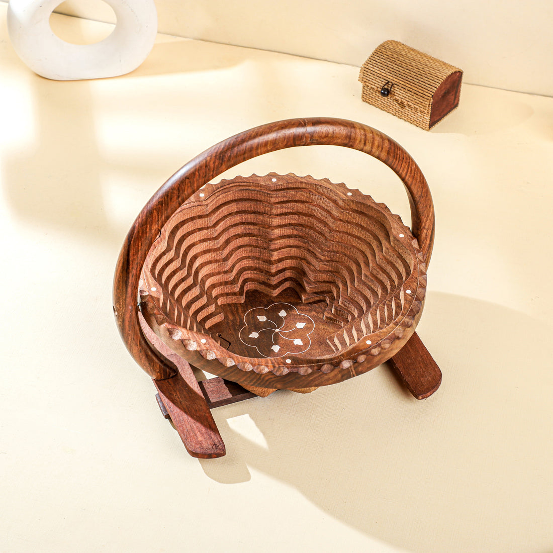 Handcrafted Sheesham Wood Foldable Fruit Basket with Handle – 12 Inch Round