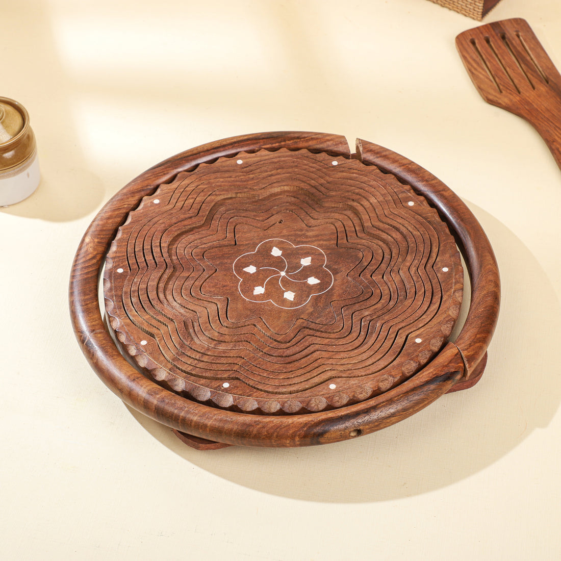 Handcrafted Sheesham Wood Foldable Fruit Basket with Handle – 12 Inch Round
