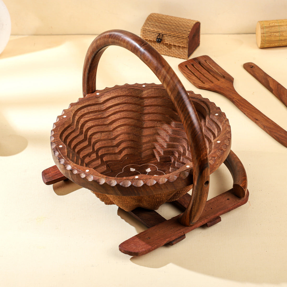 Handcrafted Sheesham Wood Foldable Fruit Basket with Handle – 12 Inch Round
